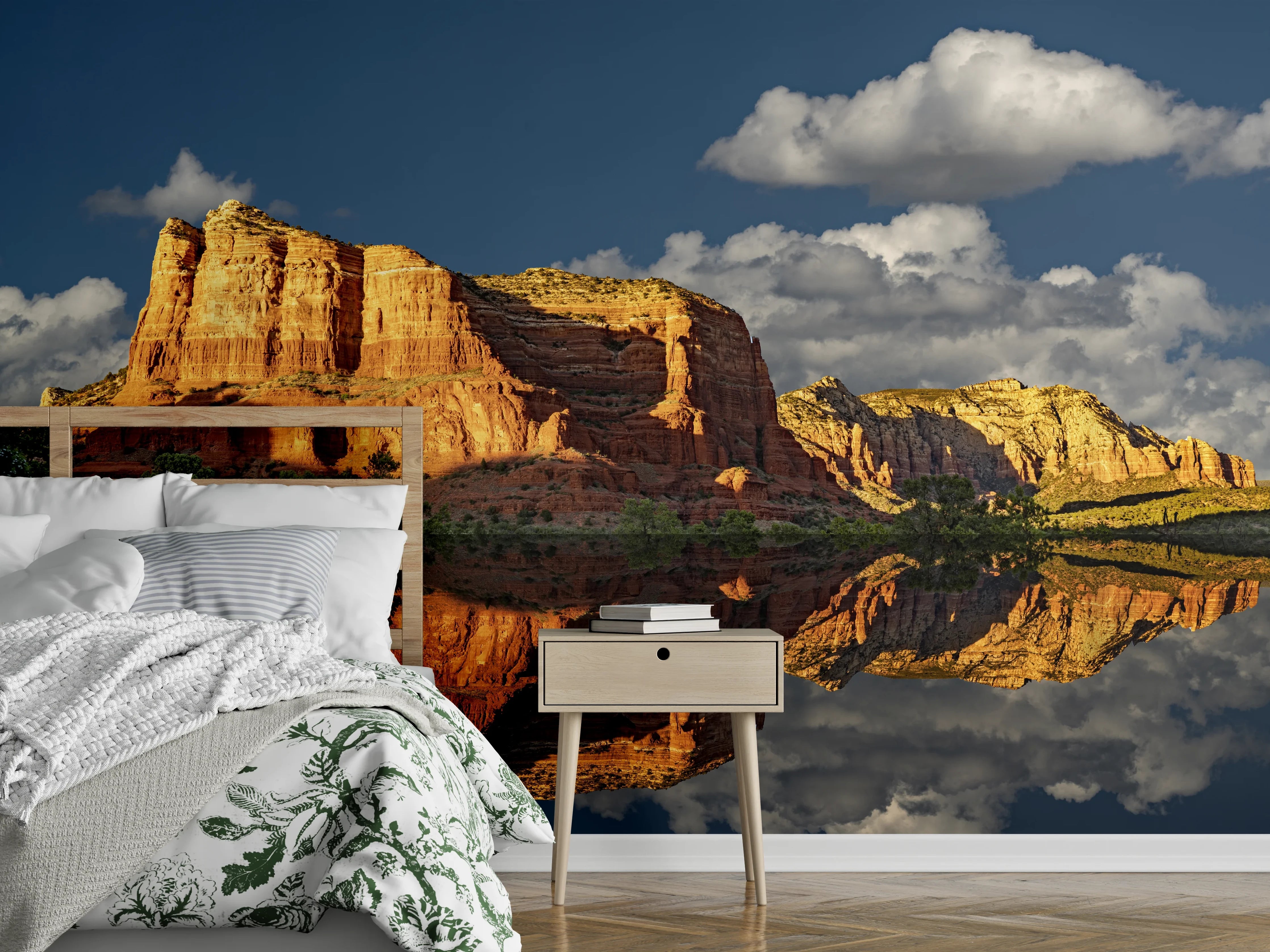 Wandverkleidung Schlafzimmer - Spiegelung roter Felsen am See