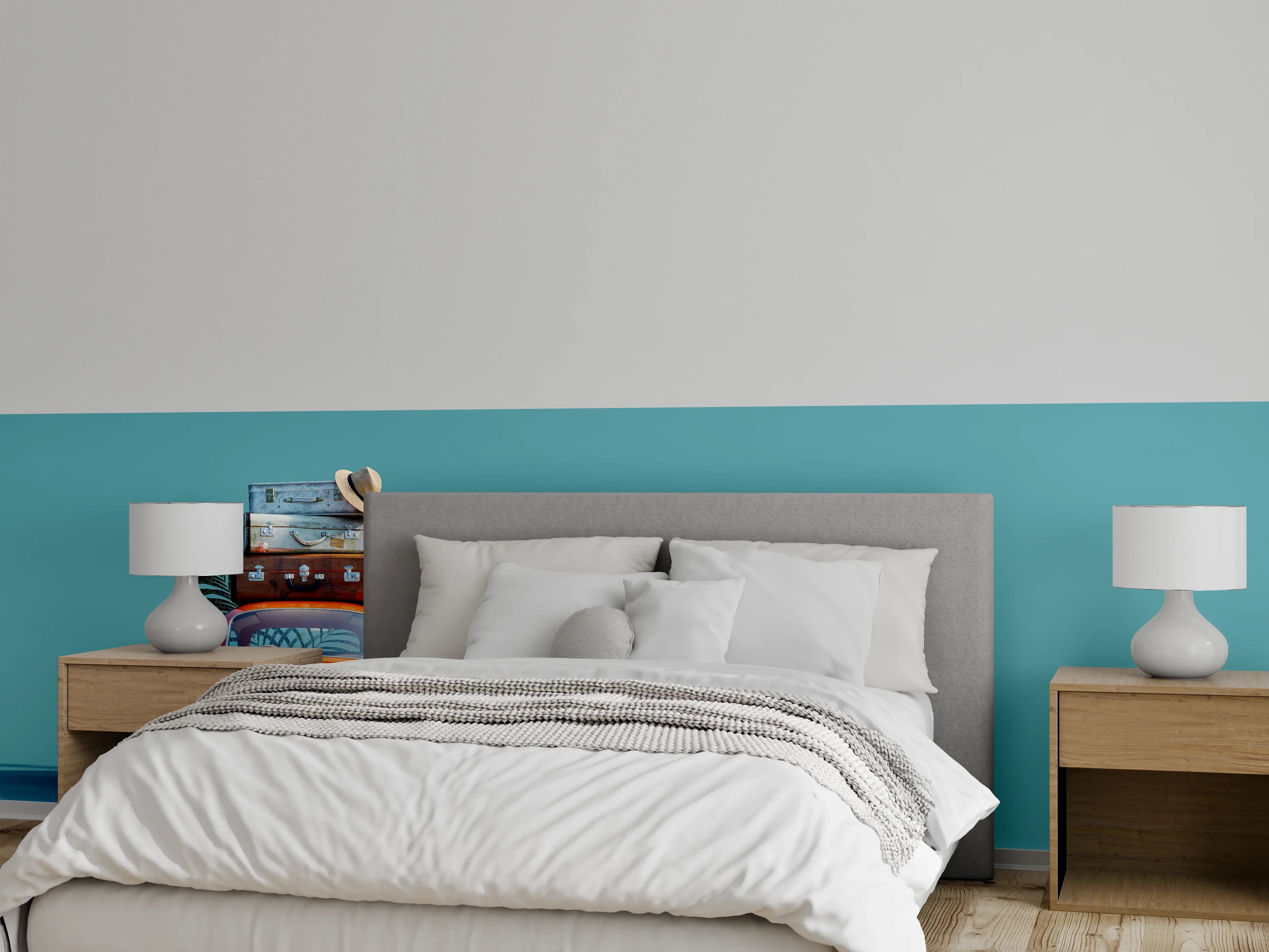 Wandverkleidung Schlafzimmer - Spielzeugauto mit Reisegepäck - blauer Hintergrund