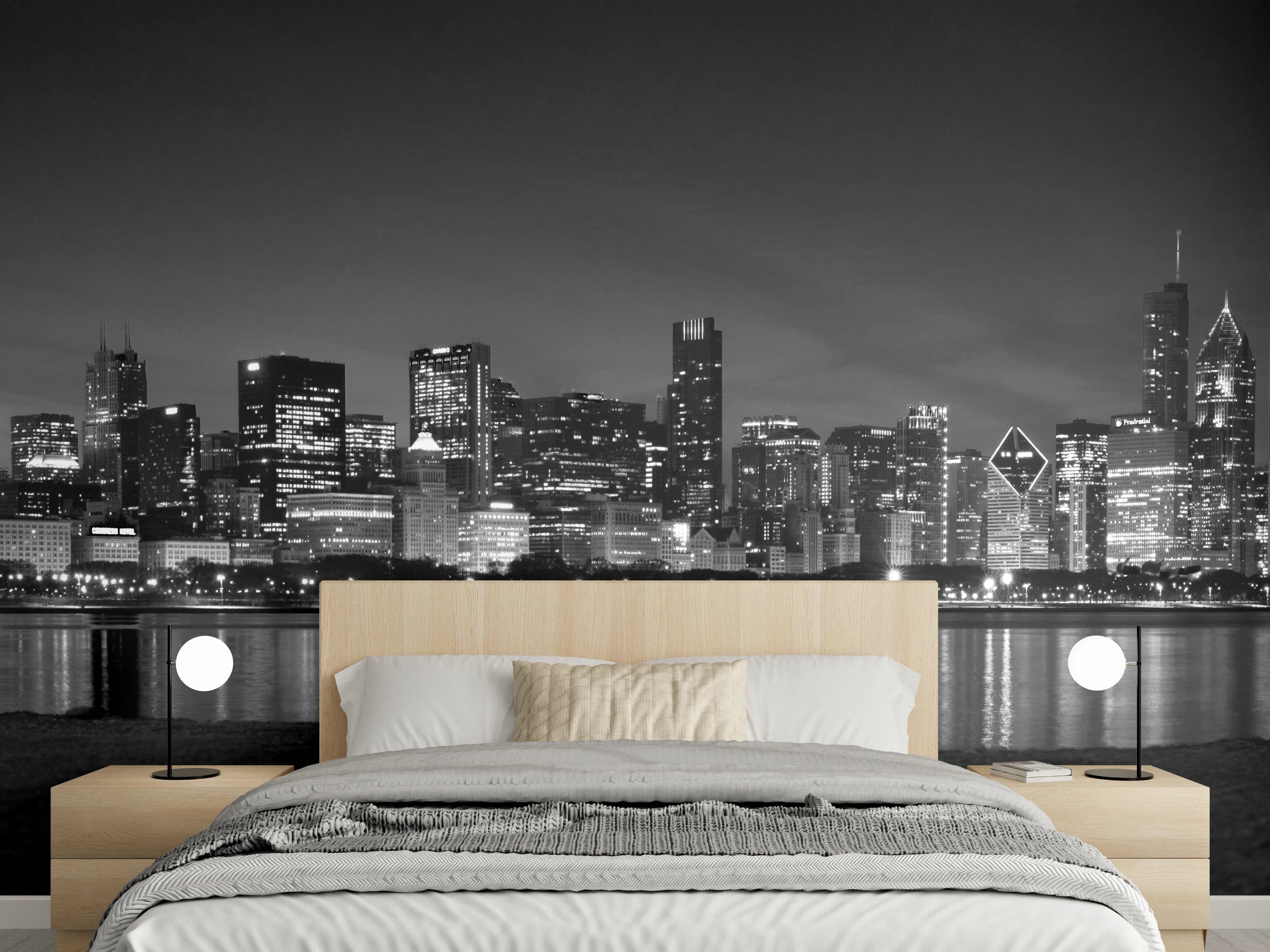 Wandverkleidung Schlafzimmer - Stadt Skyline Schwarz-Weiß Nachtmotiv