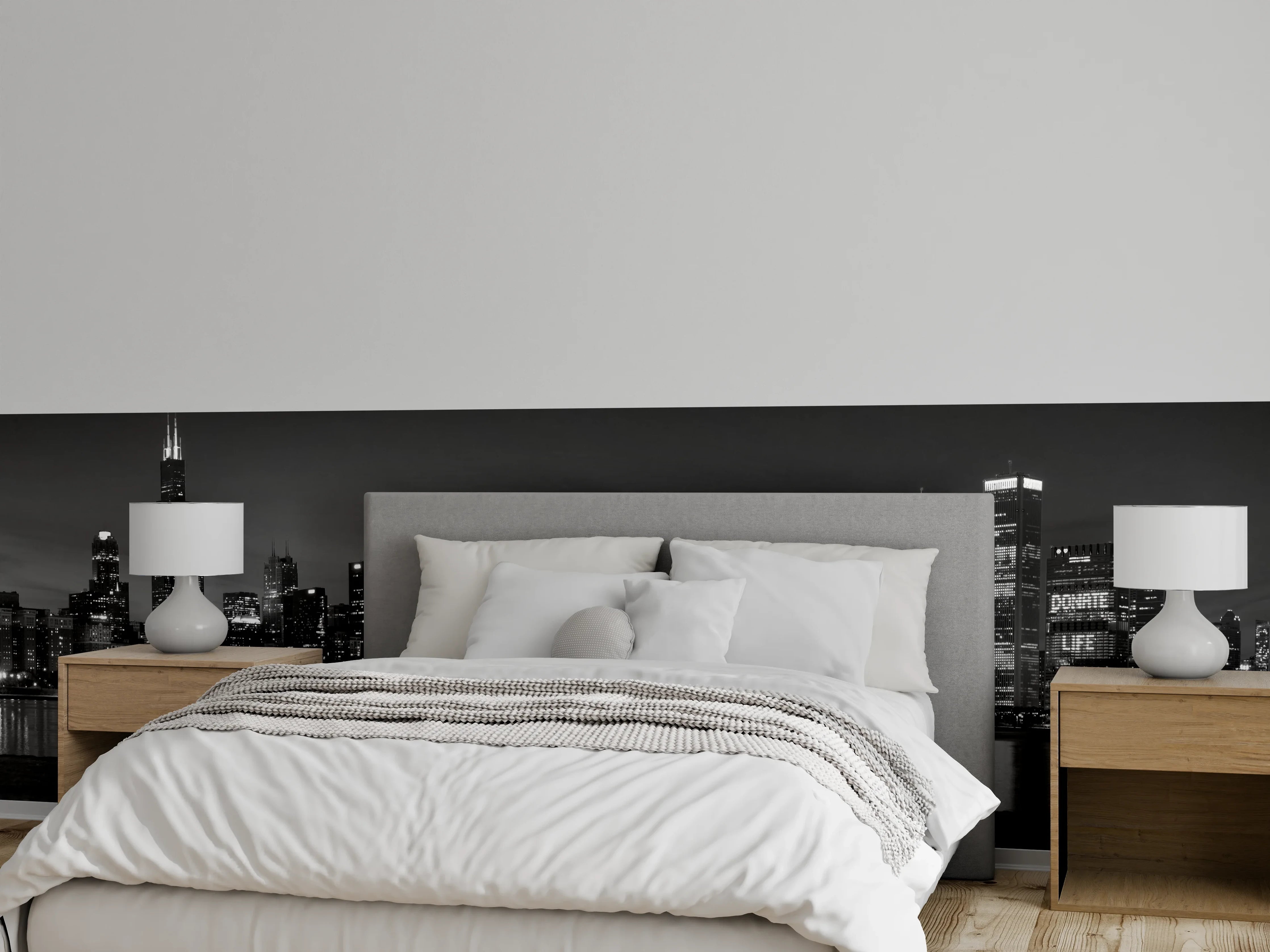 Wandverkleidung Schlafzimmer - Stadt Skyline Schwarz-Weiß Nachtmotiv