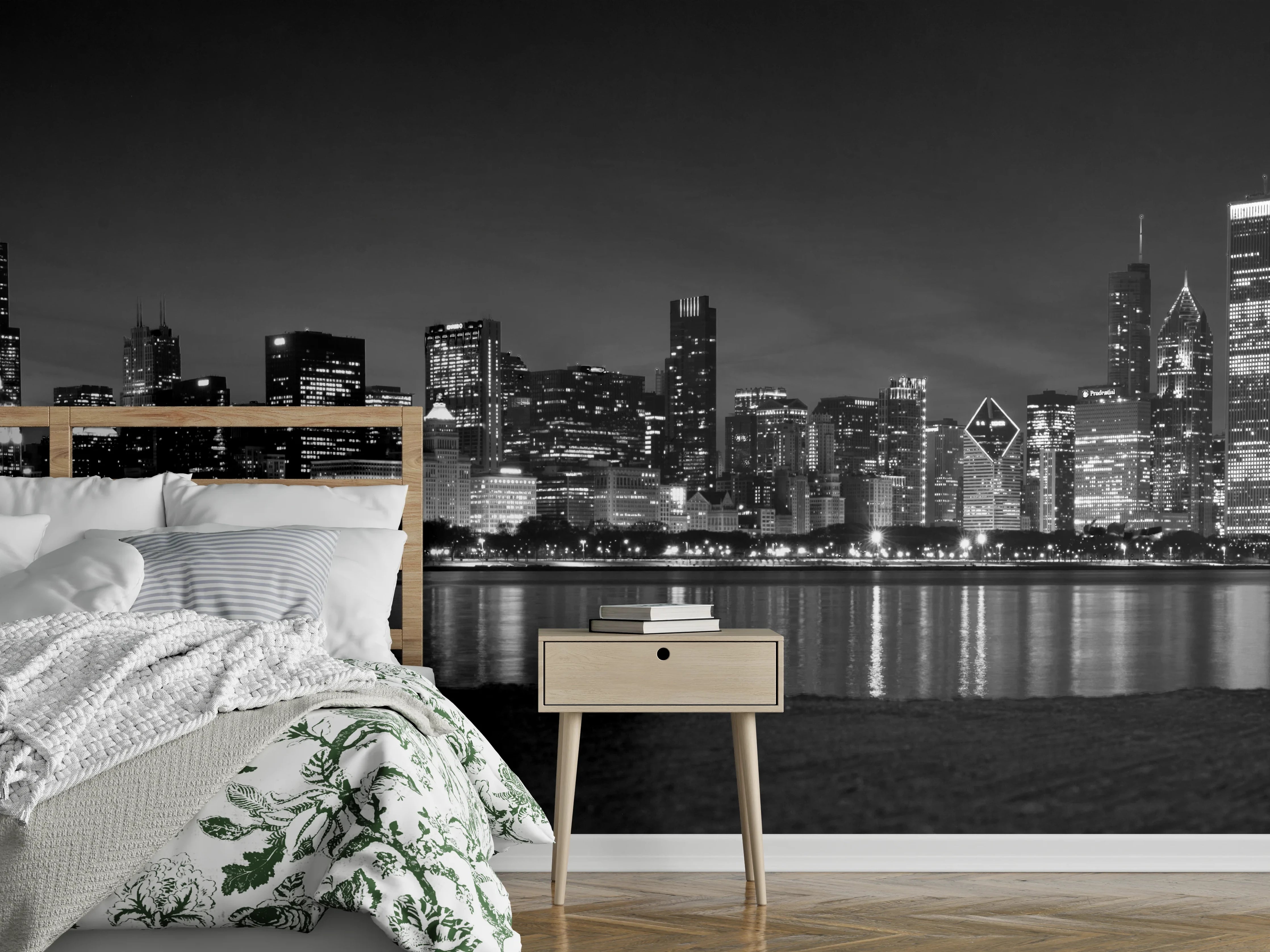 Wandverkleidung Schlafzimmer - Stadt Skyline Schwarz-Weiß Nachtmotiv