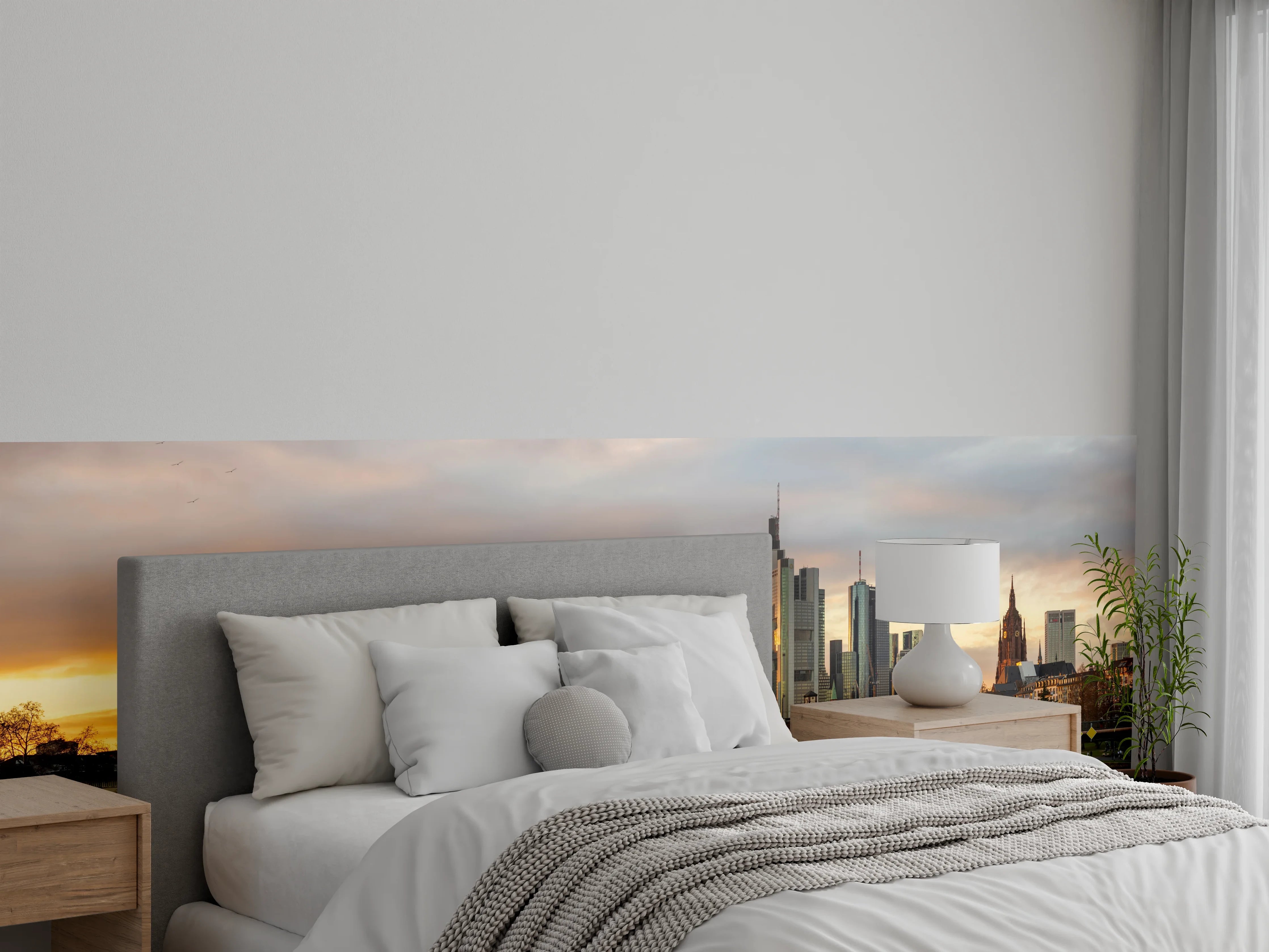 Wandverkleidung Schlafzimmer - Stadt-Skyline im Abendlicht