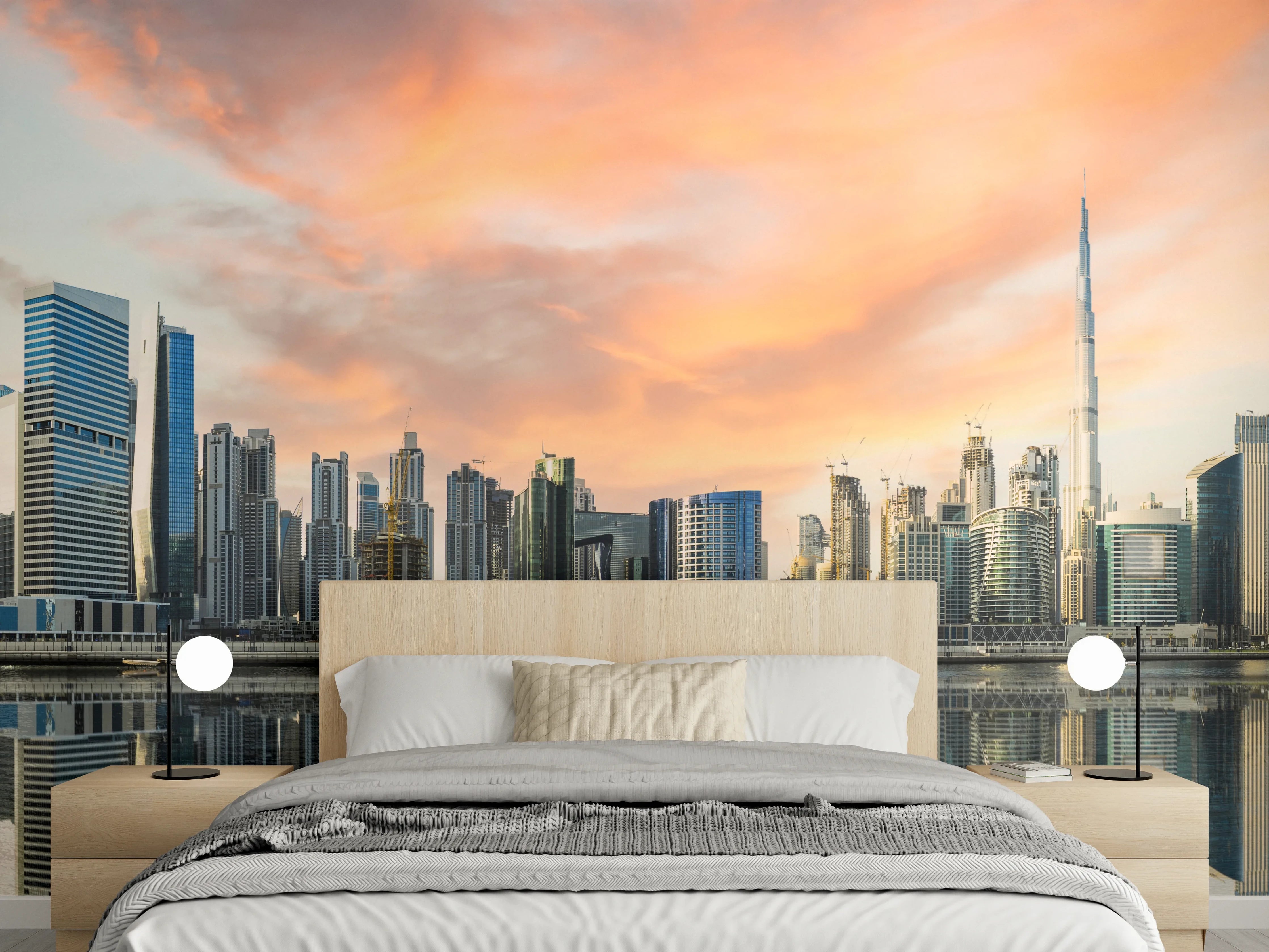 Wandverkleidung Schlafzimmer - Stadt-Skyline im Abendrot