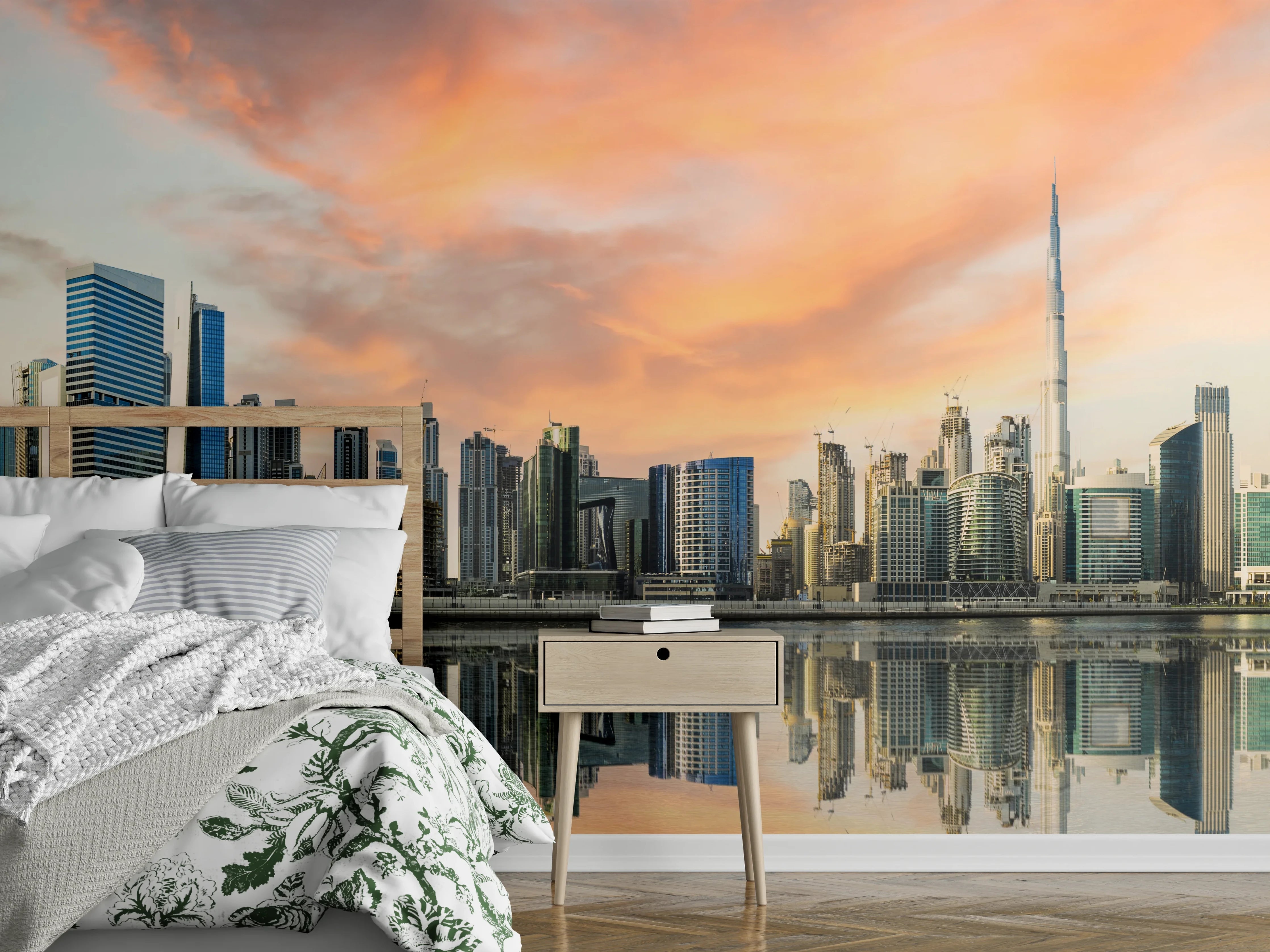 Wandverkleidung Schlafzimmer - Stadt-Skyline im Abendrot