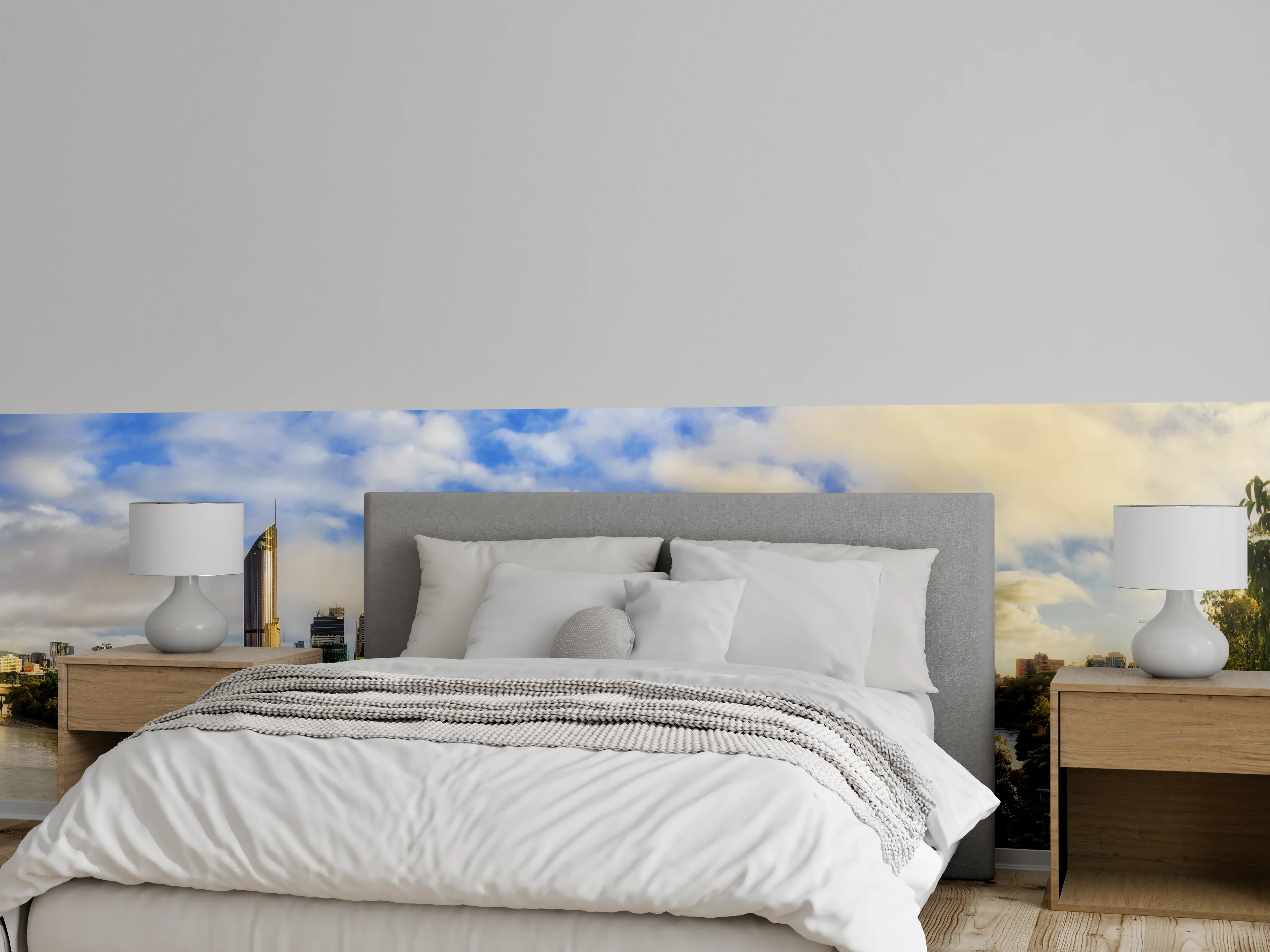 Wandverkleidung Schlafzimmer - Stadtpanorama mit Fluss und Skyline