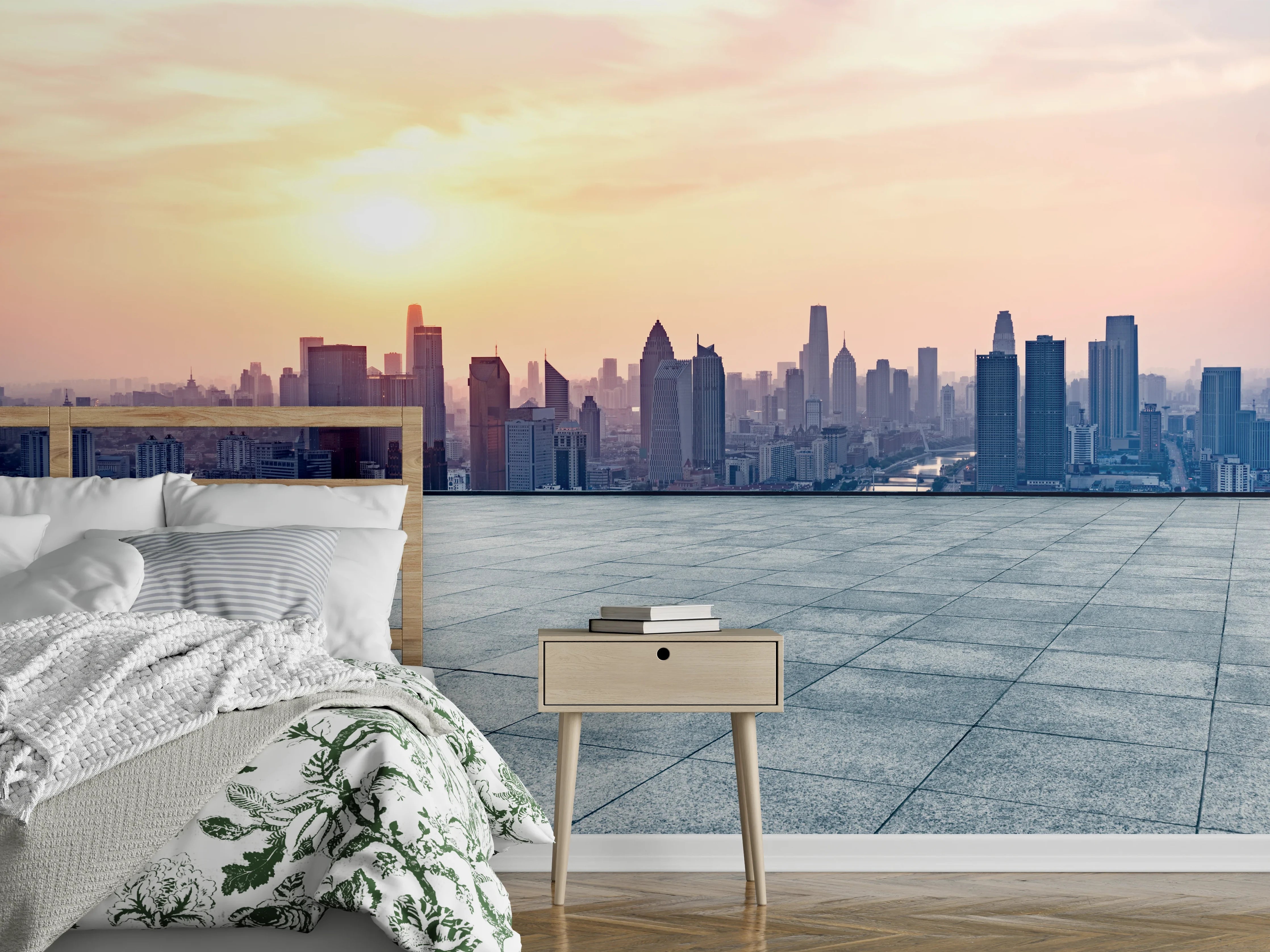 Wandverkleidung Schlafzimmer - Städtische Skyline bei Sonnenaufgang