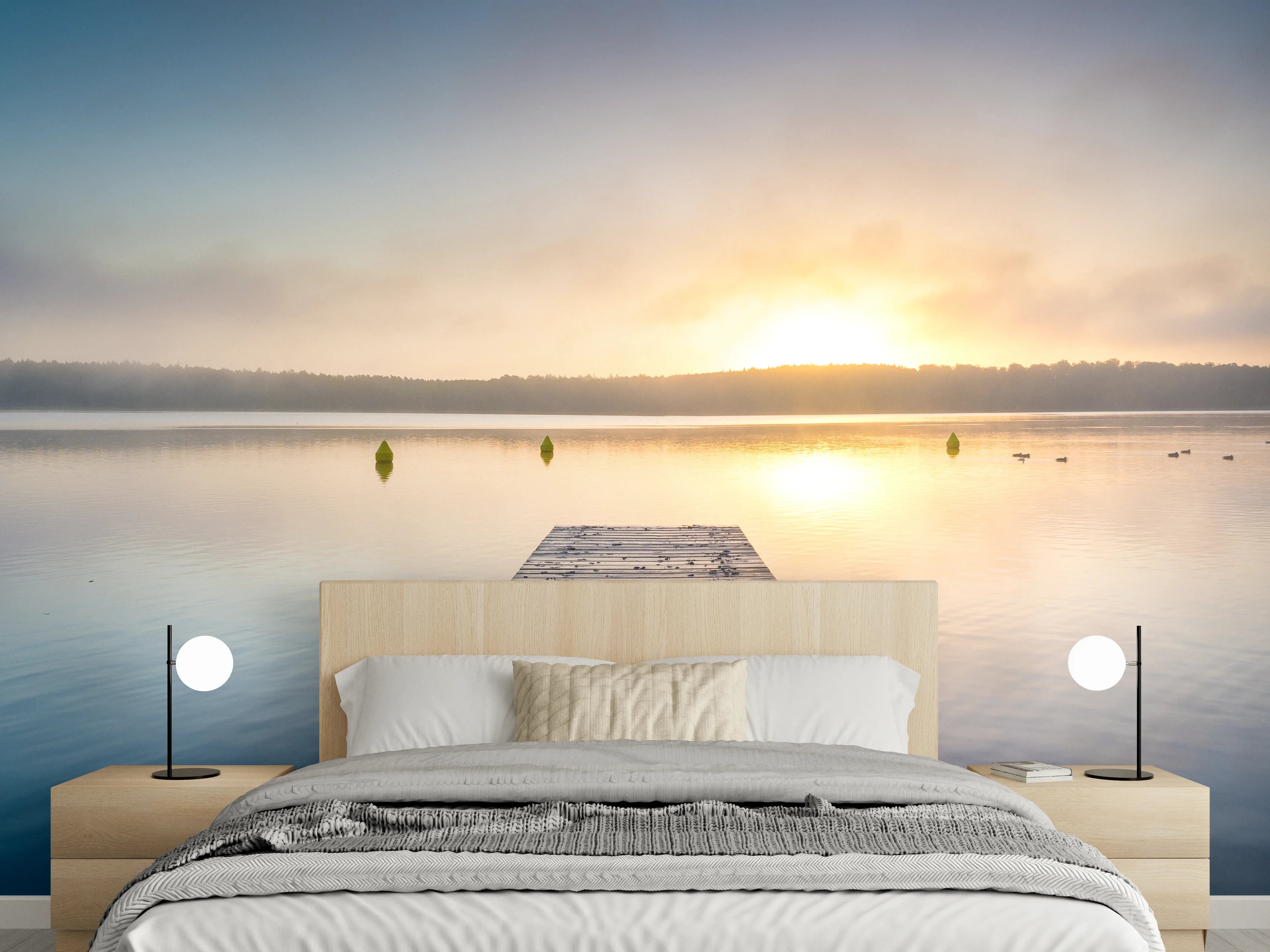 Wandverkleidung Schlafzimmer - Steg am See Sonnenaufgang Panorama