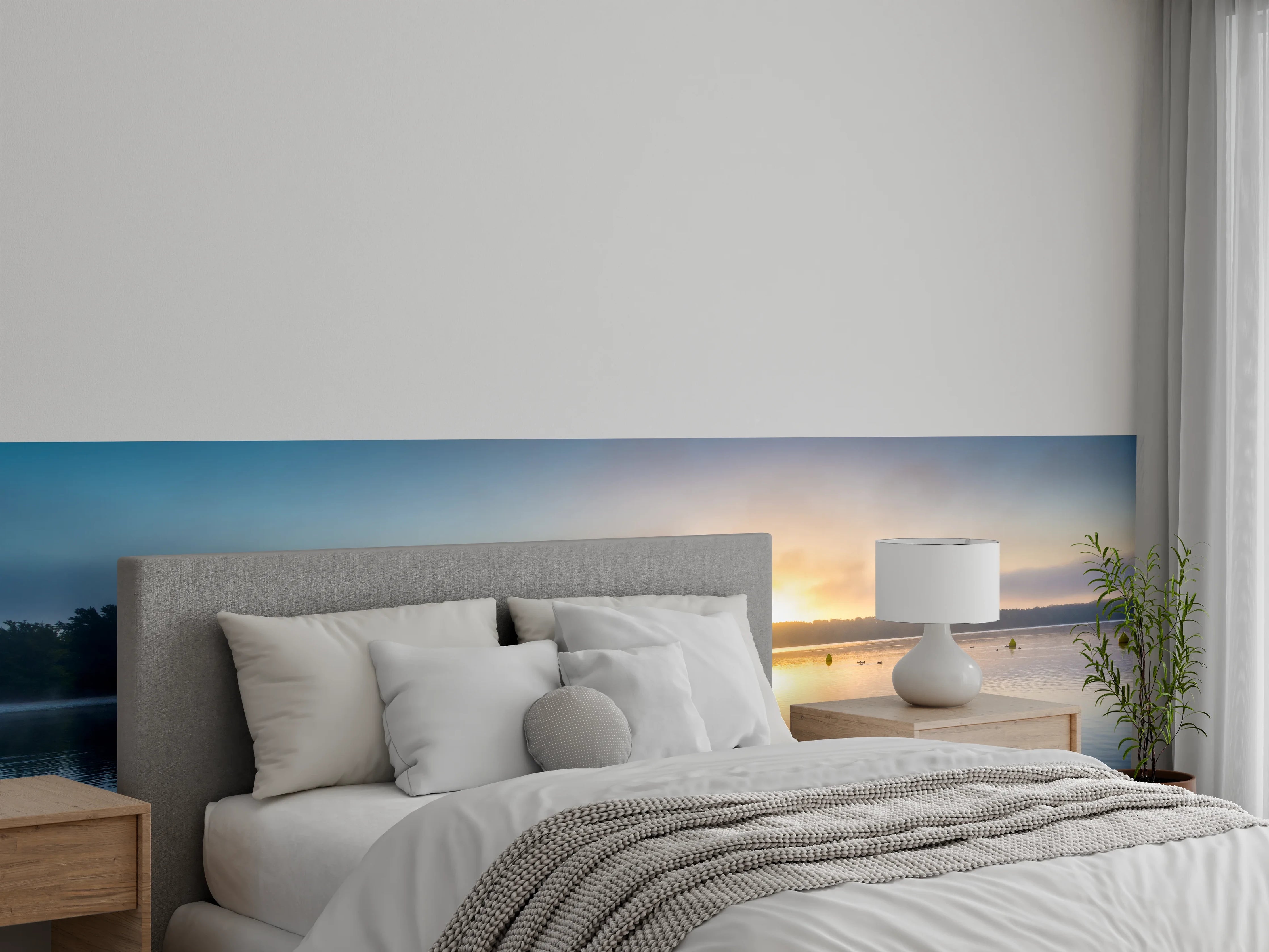 Wandverkleidung Schlafzimmer - Steg am See Sonnenaufgang Panorama