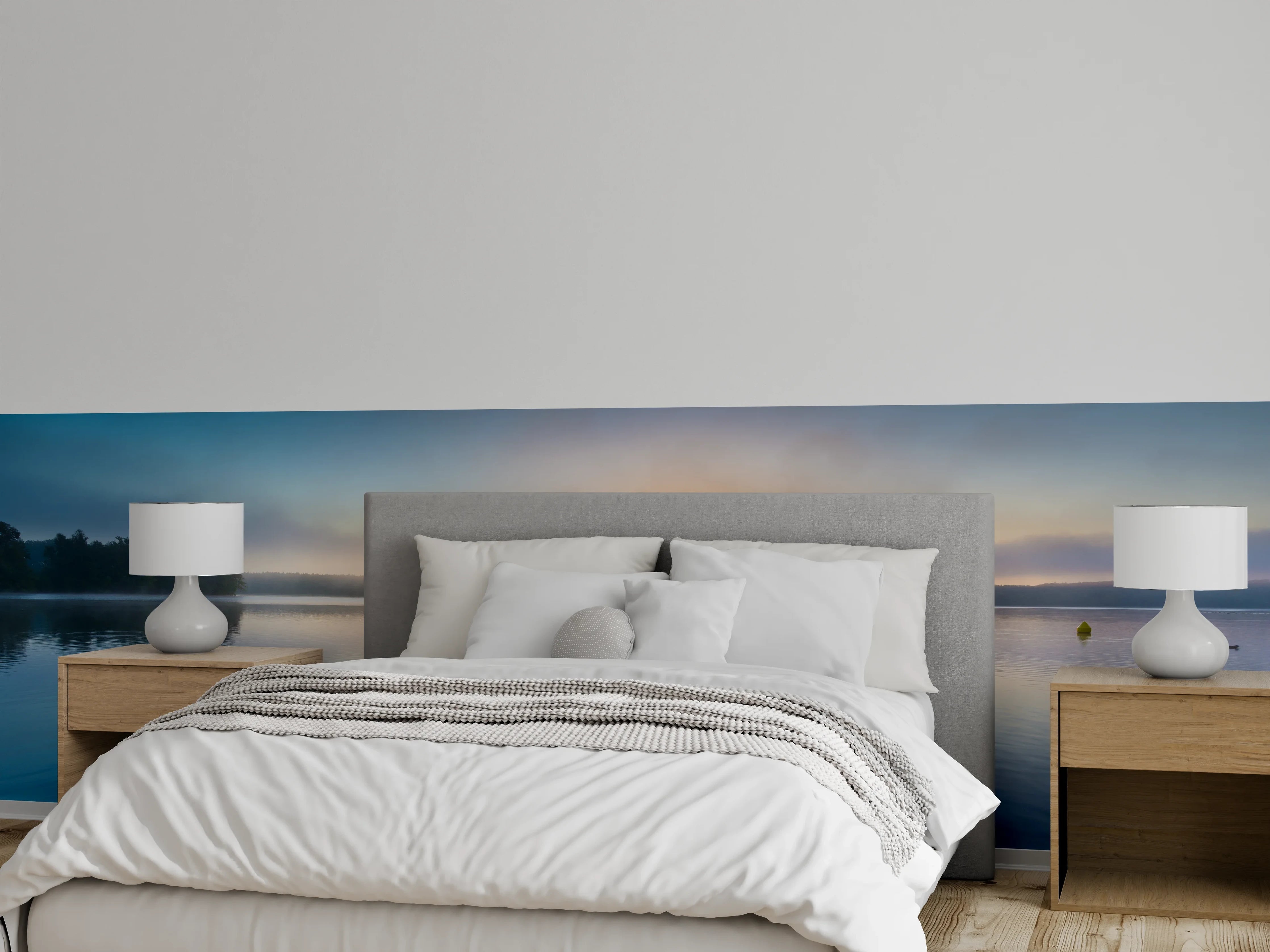Wandverkleidung Schlafzimmer - Steg am See Sonnenaufgang Panorama