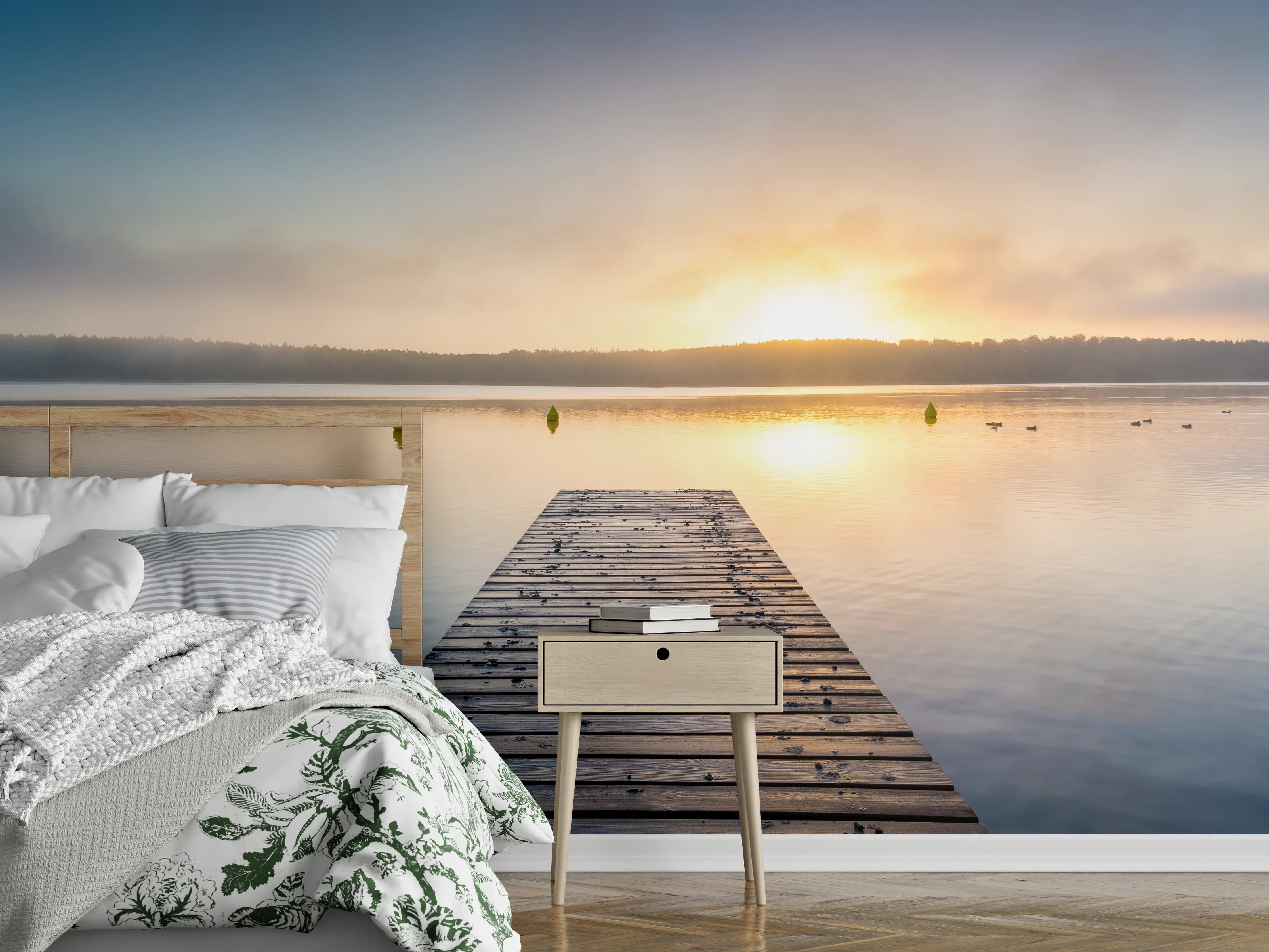 Wandverkleidung Schlafzimmer - Steg am See Sonnenaufgang Panorama