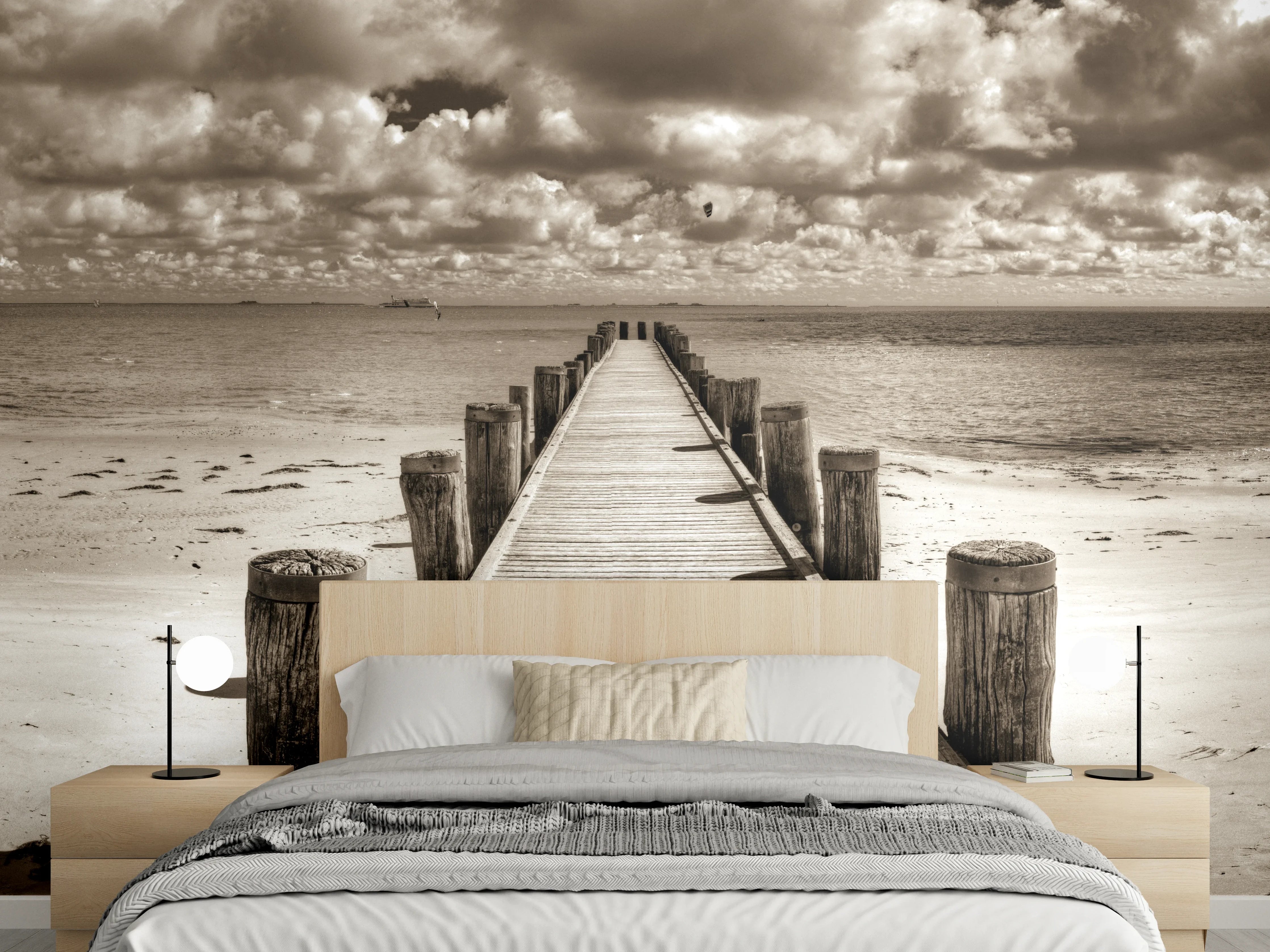 Wandverkleidung Schlafzimmer - Steg zum Meer Panorama Schwarz-Weiß