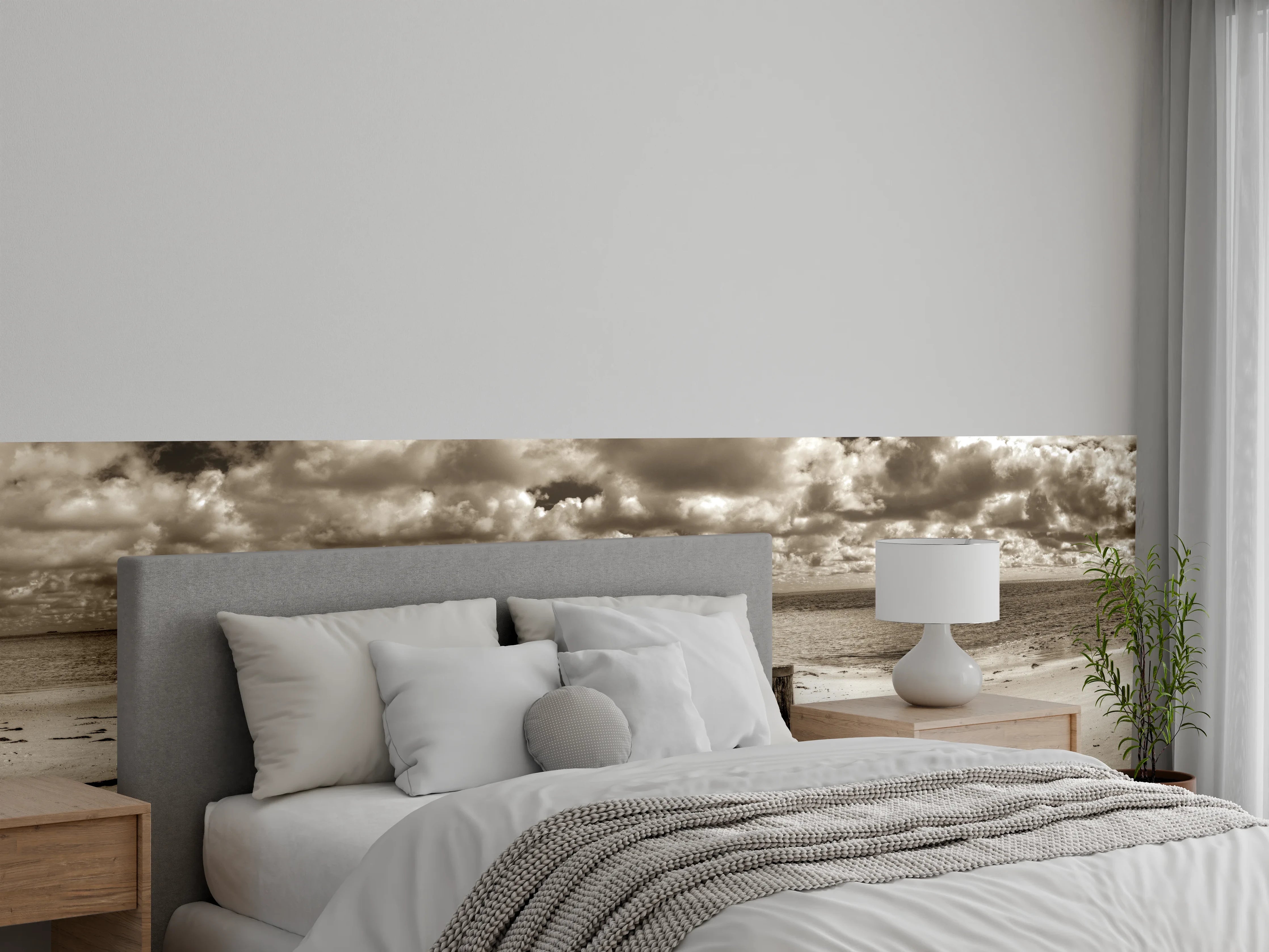 Wandverkleidung Schlafzimmer - Steg zum Meer Panorama Schwarz-Weiß