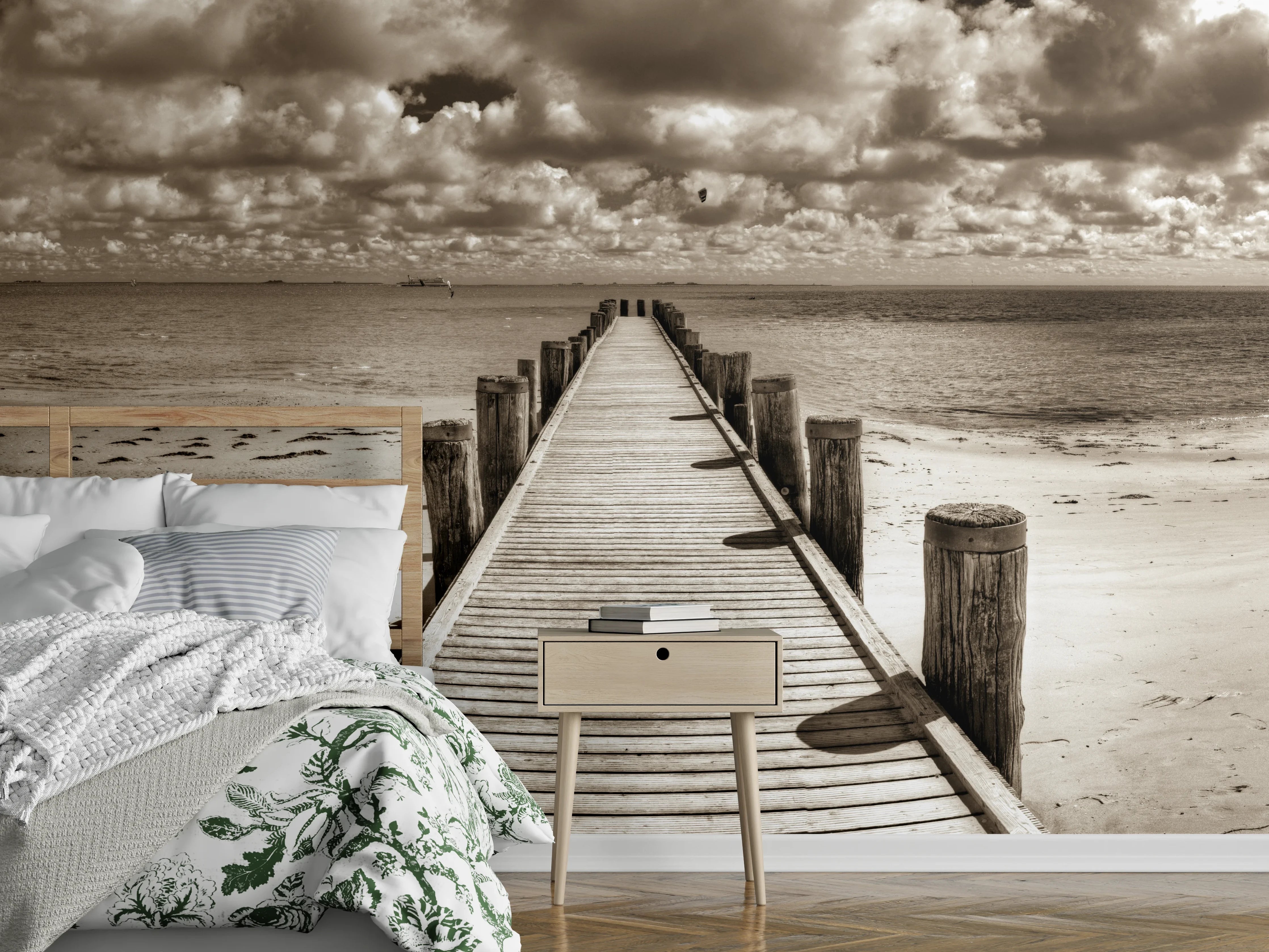Wandverkleidung Schlafzimmer - Steg zum Meer Panorama Schwarz-Weiß