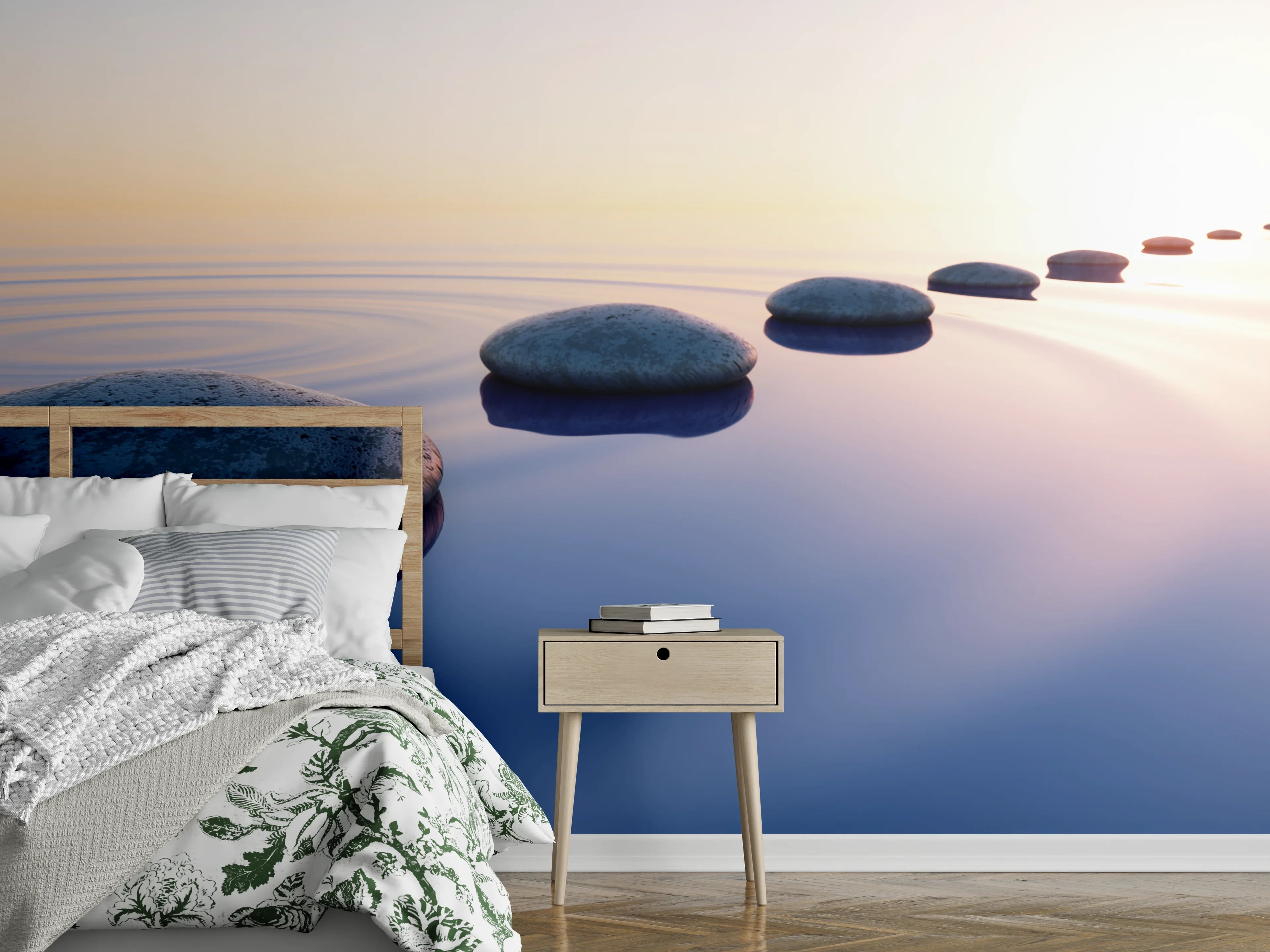 Wandverkleidung Schlafzimmer - Steine im See bei Sonnenaufgang