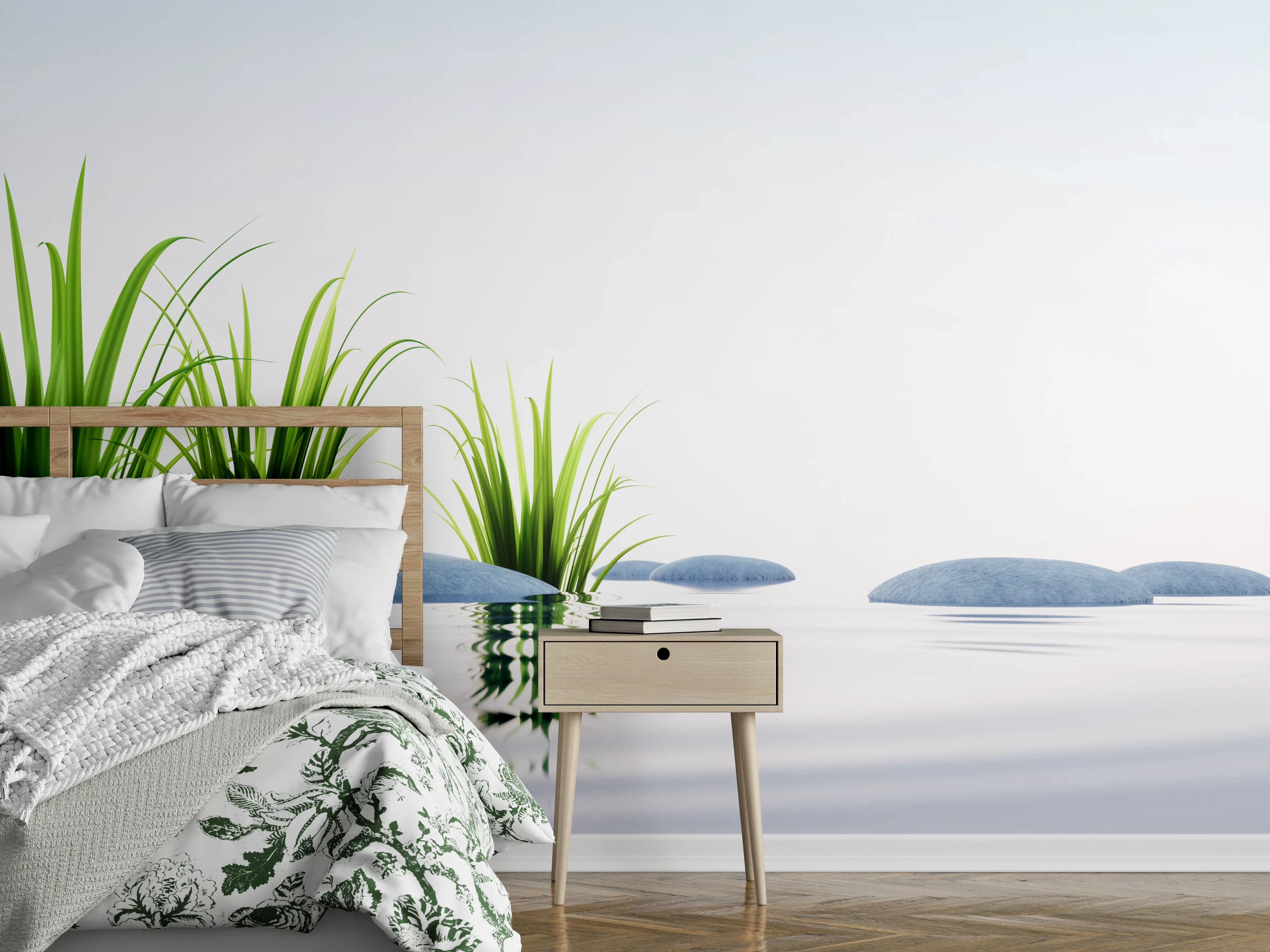 Wandverkleidung Schlafzimmer - Steine und Gras im See Querformat