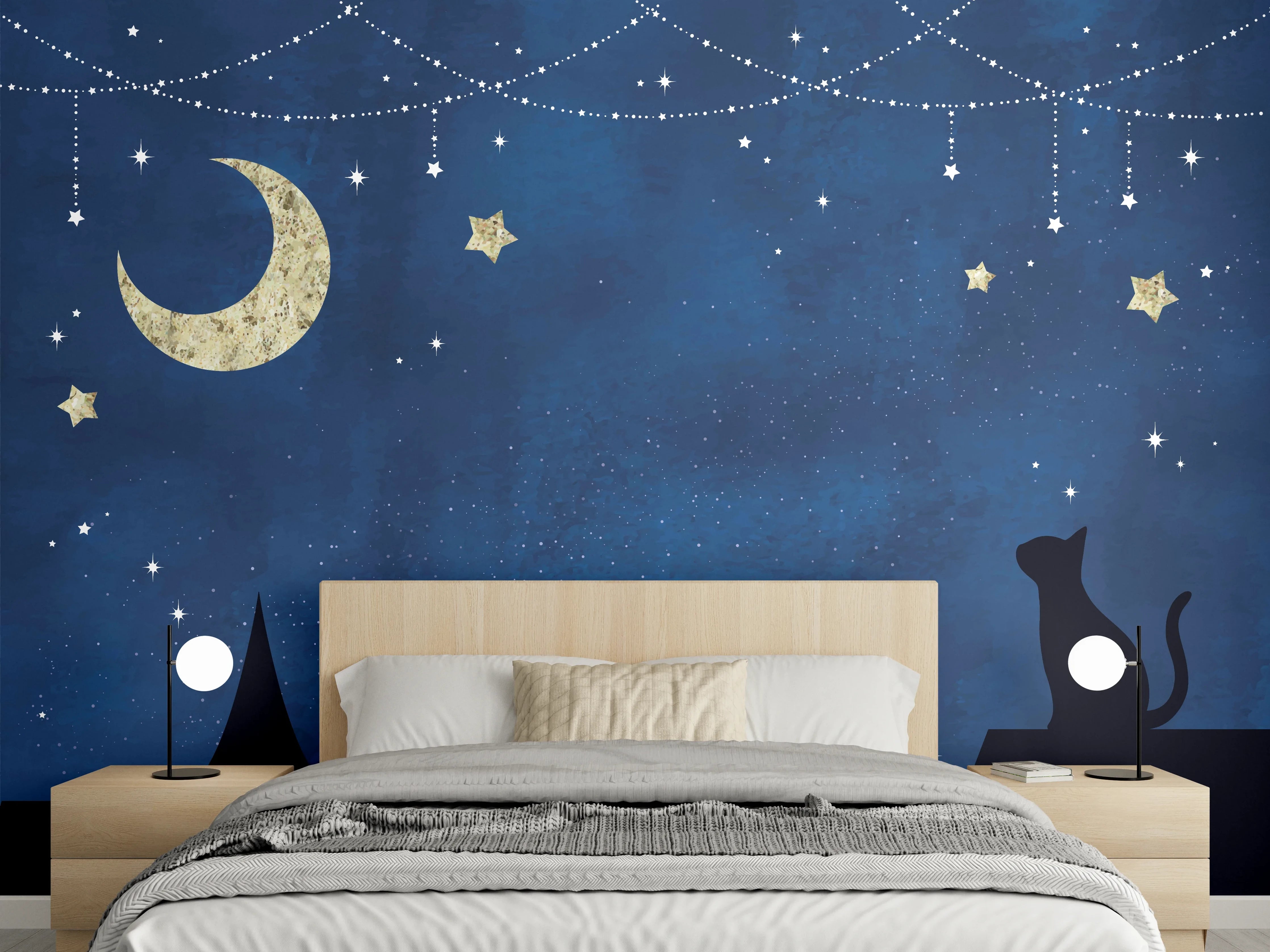 Wandverkleidung Schlafzimmer - Sternennacht Katzen Silhouette