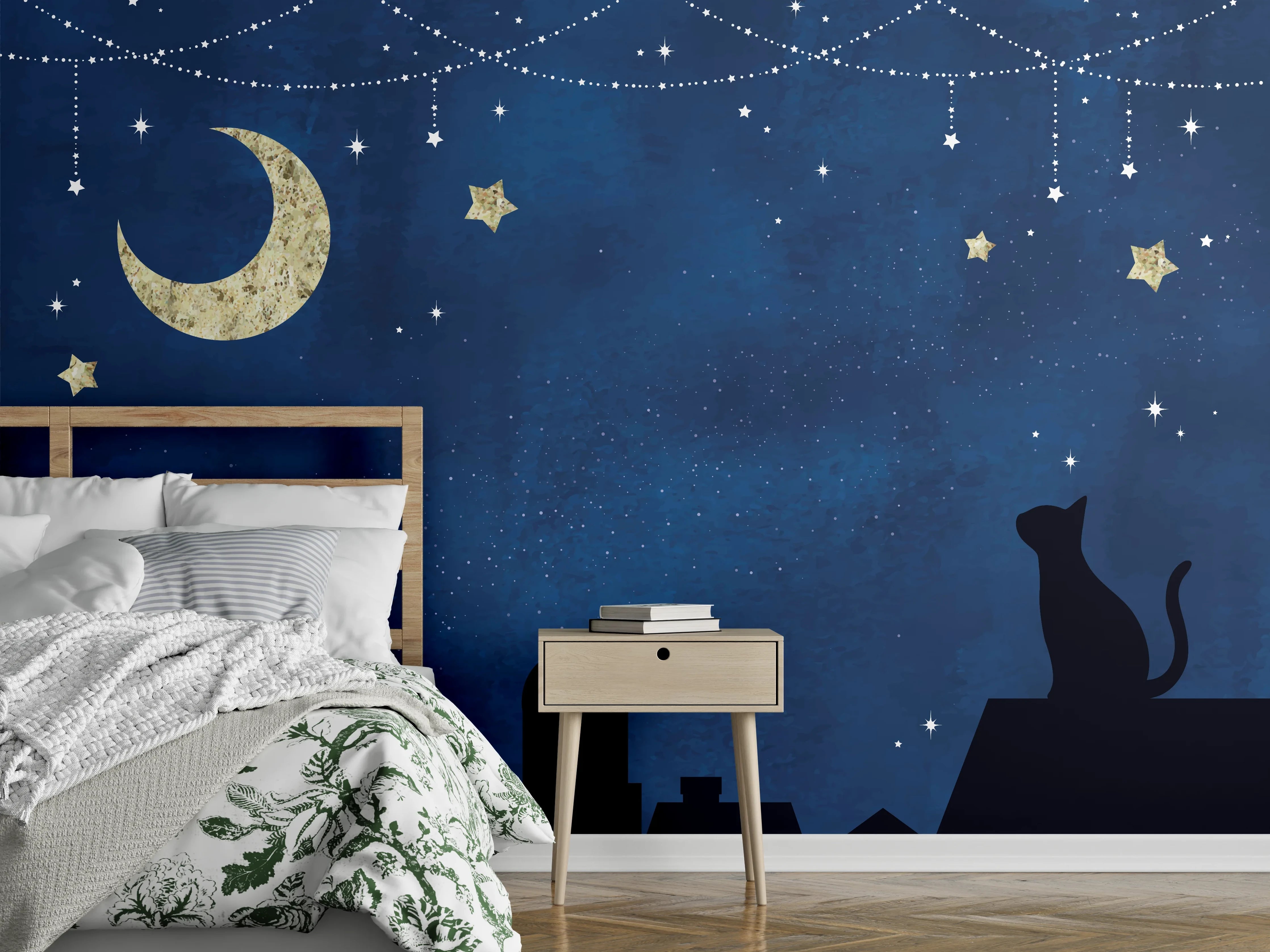 Wandverkleidung Schlafzimmer - Sternennacht Katzen Silhouette