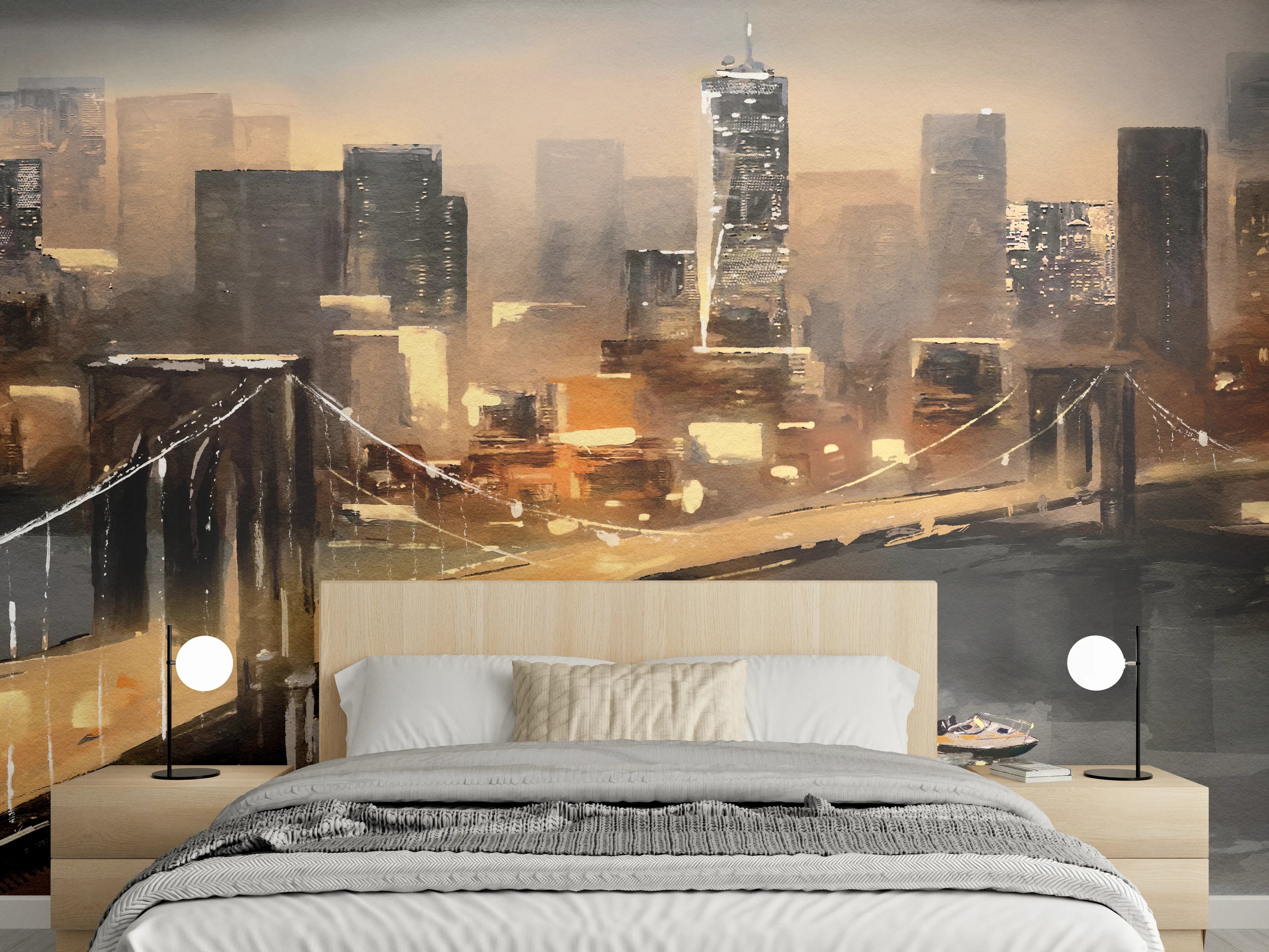 Wandverkleidung Schlafzimmer - Stimmungsvolle Skyline Aquarell Kunst