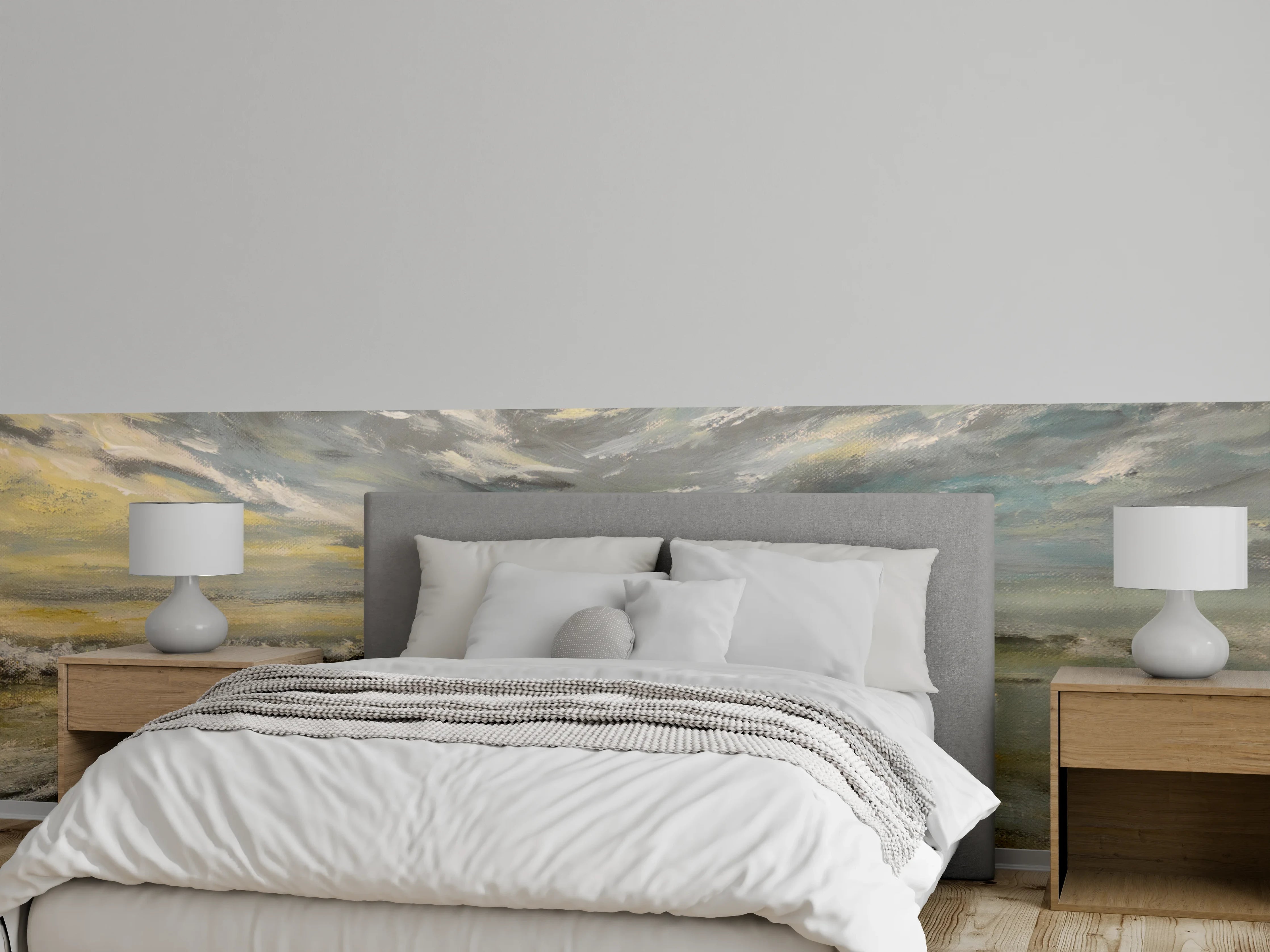 Wandverkleidung Schlafzimmer - Stimmungsvolles Meer Aquarell mit grauem Himmel