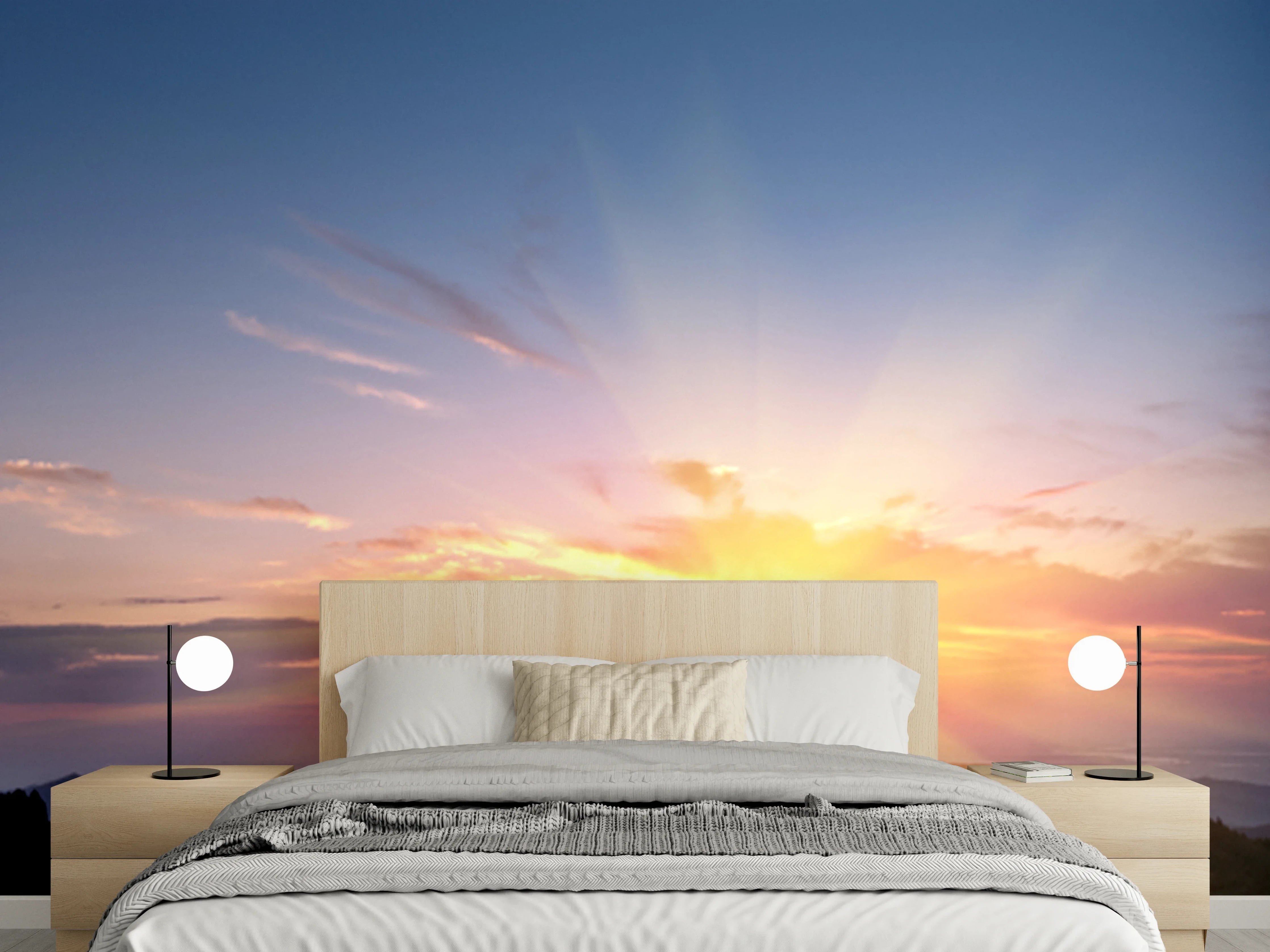 Wandverkleidung Schlafzimmer - Strahlender Sonnenaufgang über Berglandschaft