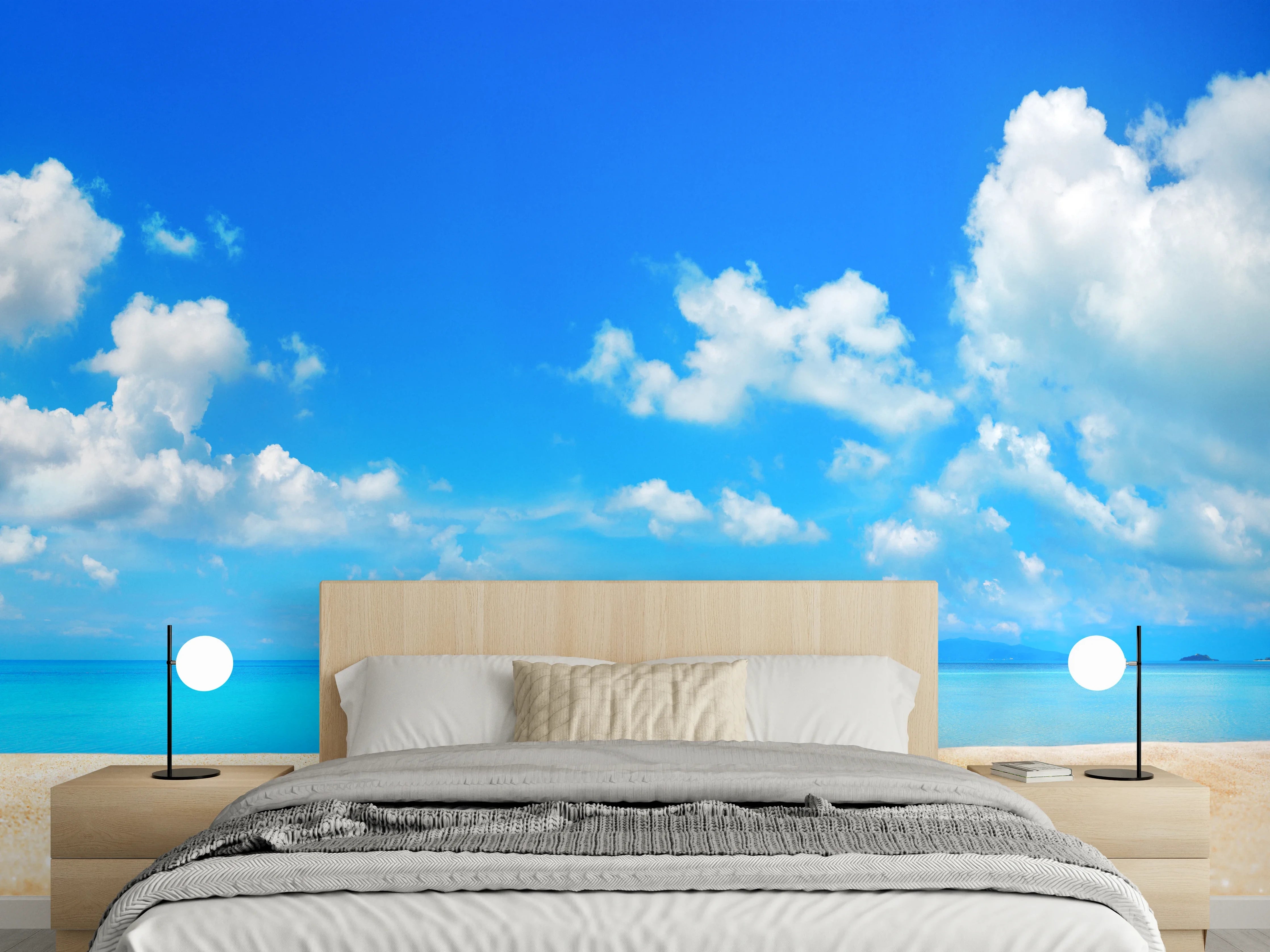Wandverkleidung Schlafzimmer - Strand und Meer Panorama – Blau & Weiß