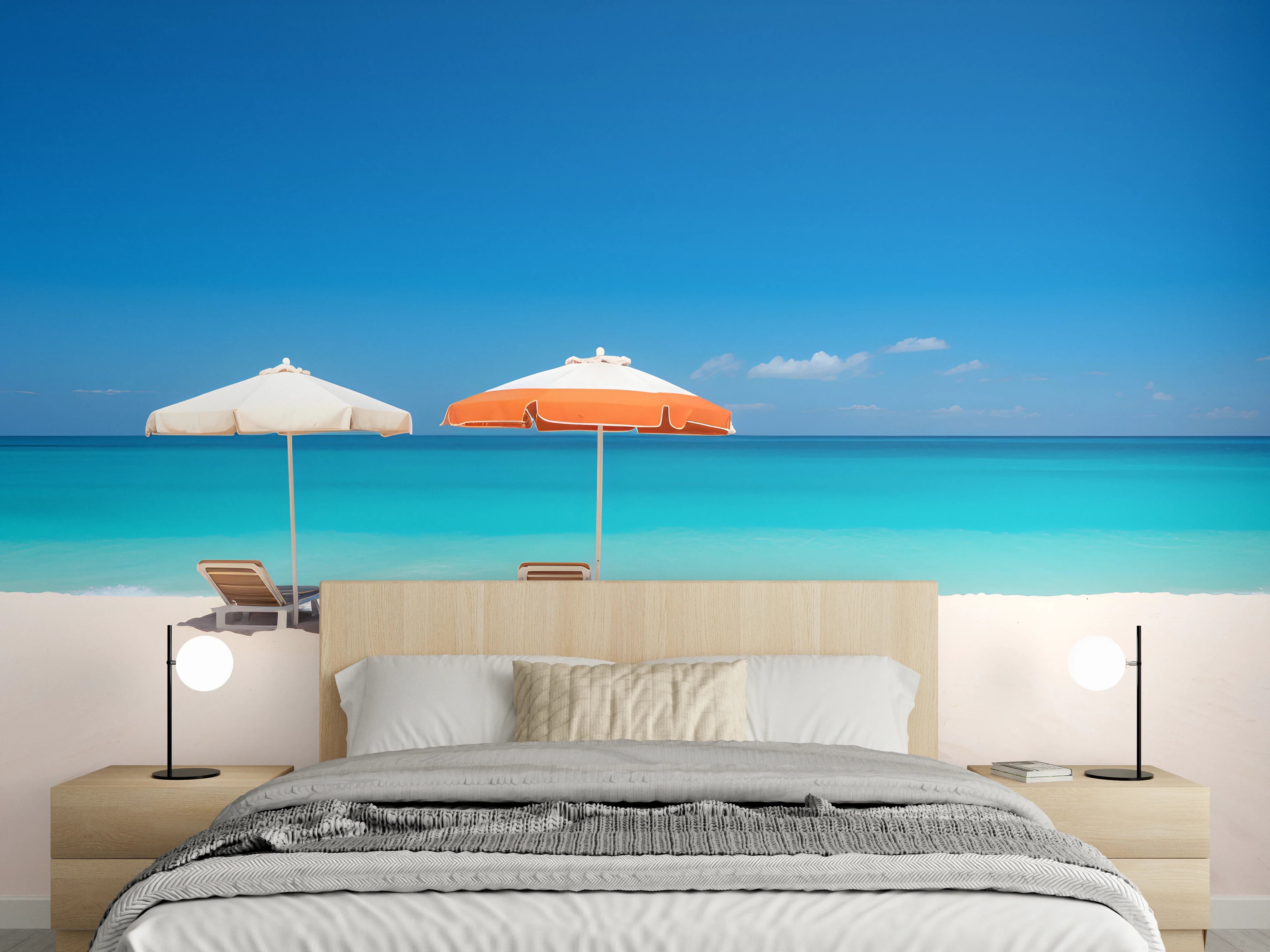 Wandverkleidung Schlafzimmer - Strand und Meer mit Sonnenschirmen