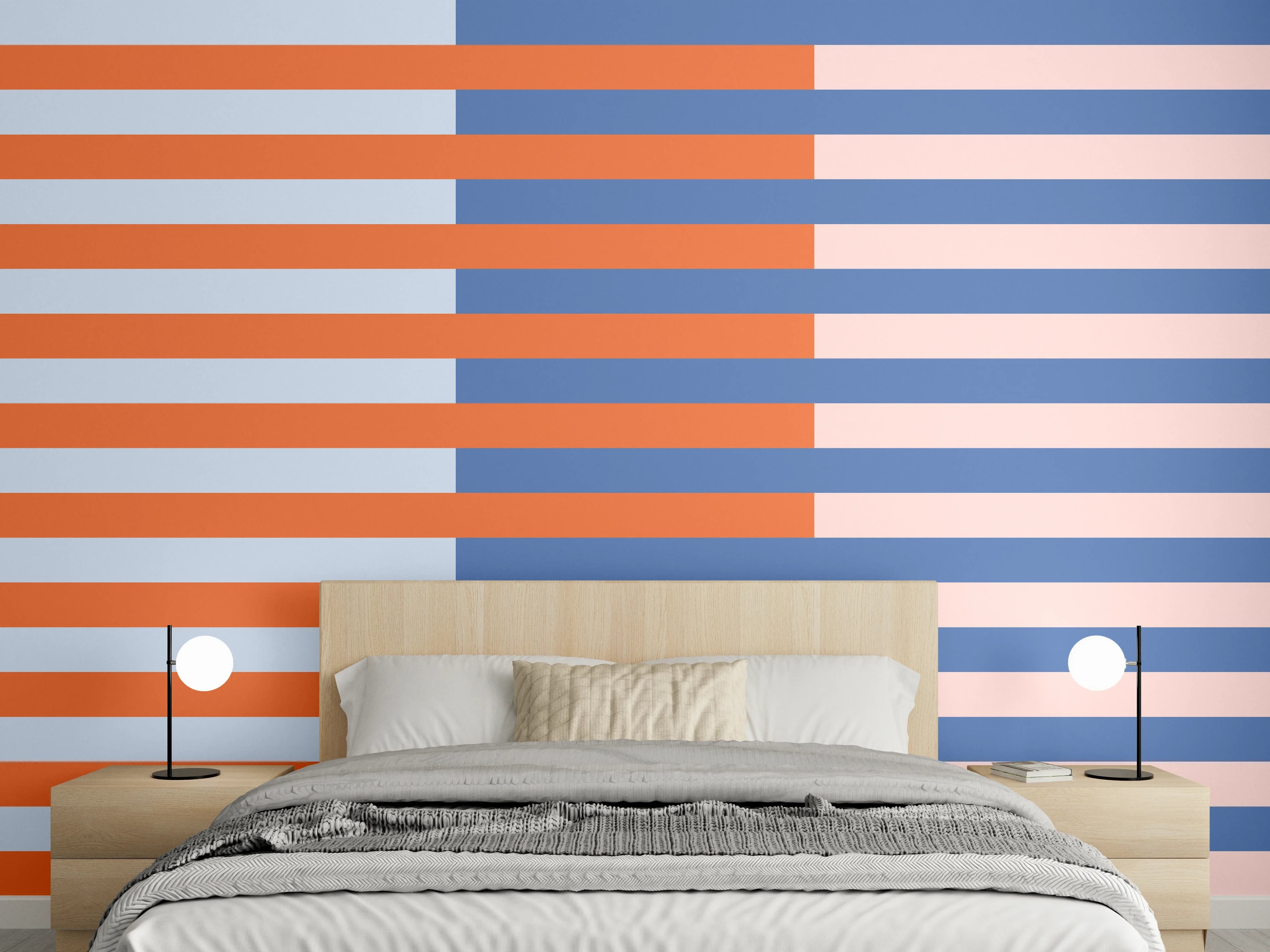 Wandverkleidung Schlafzimmer - Streifen Grafik in Blau und Orange