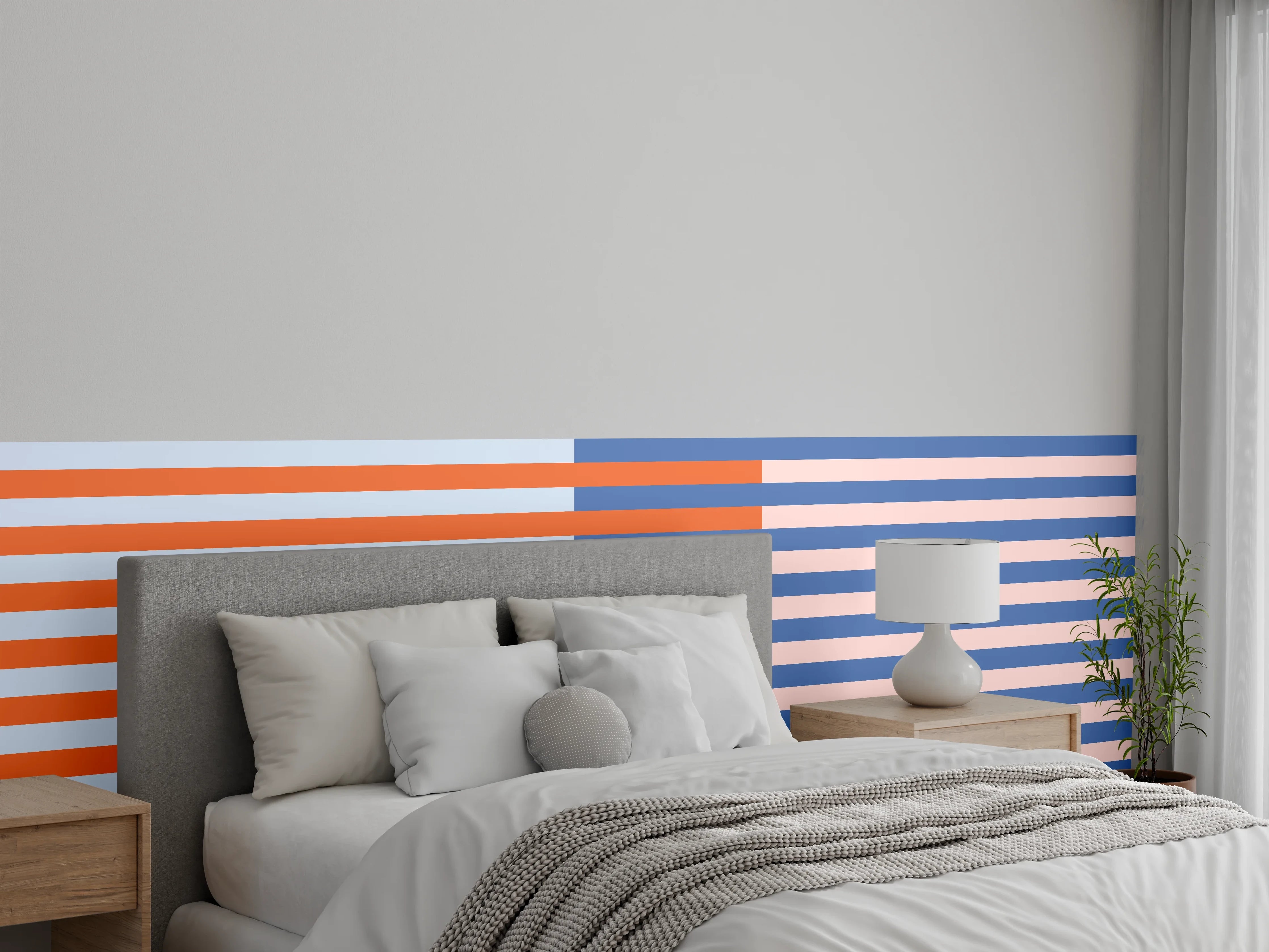 Wandverkleidung Schlafzimmer - Streifen Grafik in Blau und Orange
