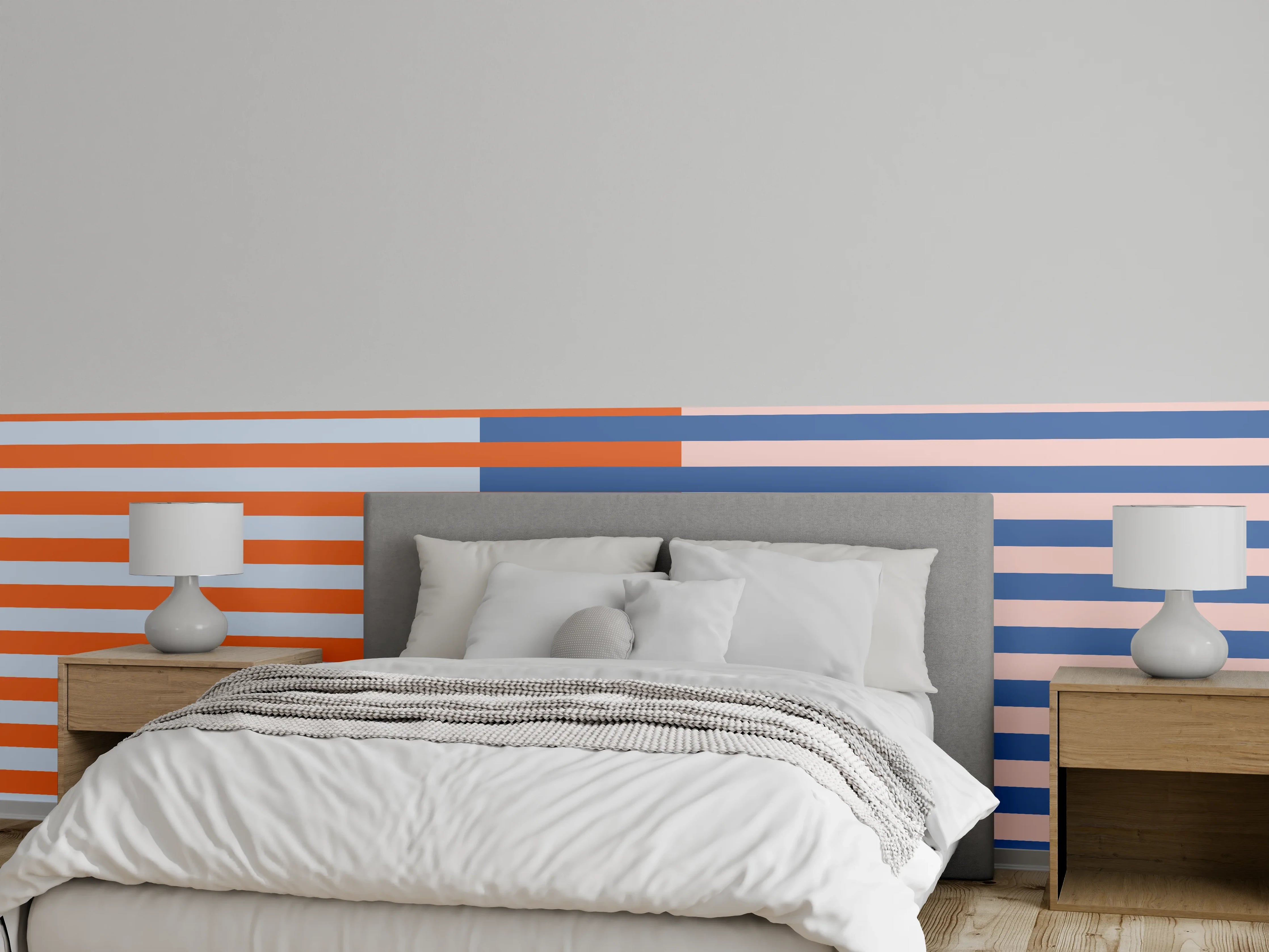 Wandverkleidung Schlafzimmer - Streifen Grafik in Blau und Orange