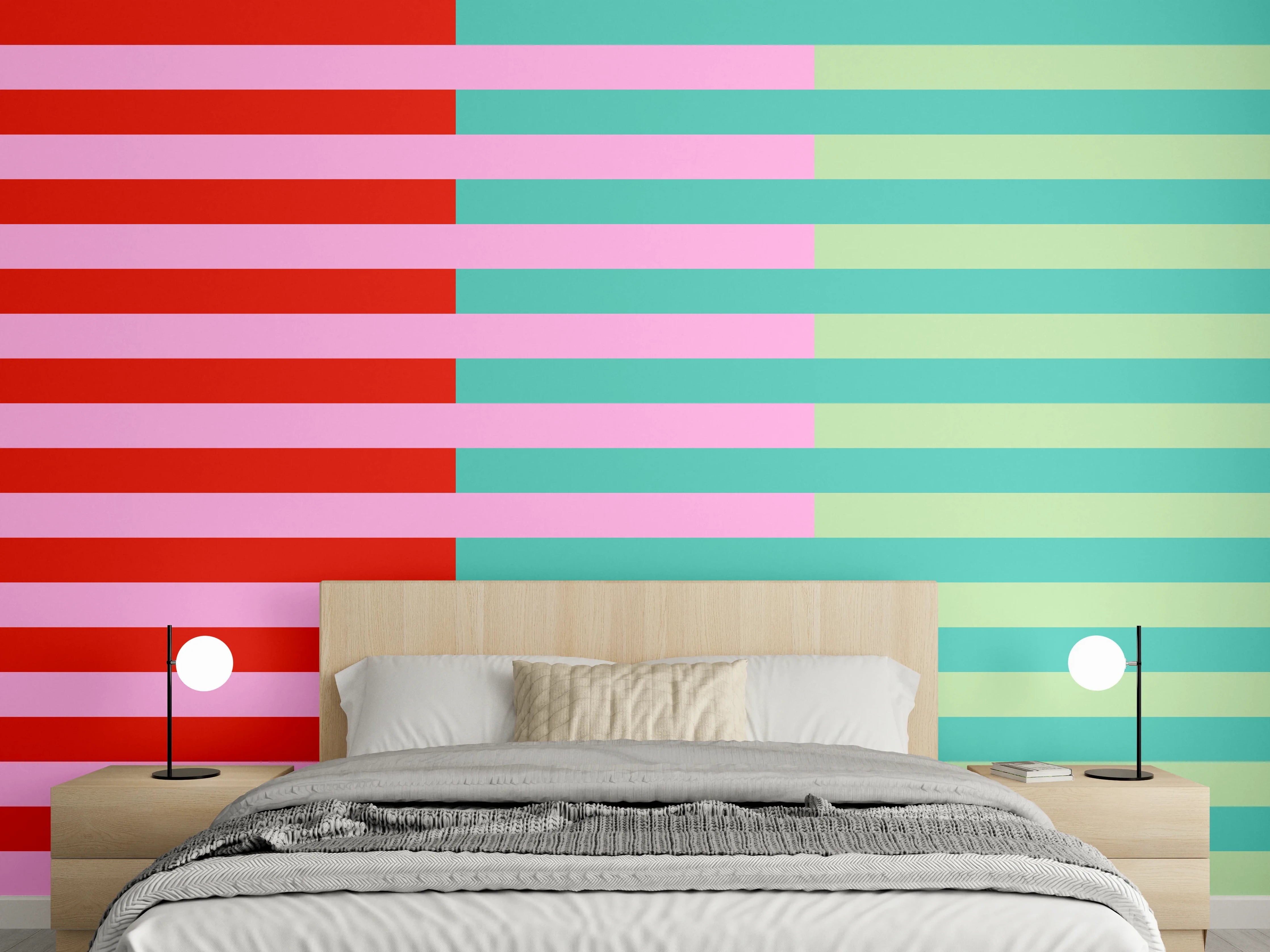 Wandverkleidung Schlafzimmer - Streifenmuster Modern Türkis Rot Rosa