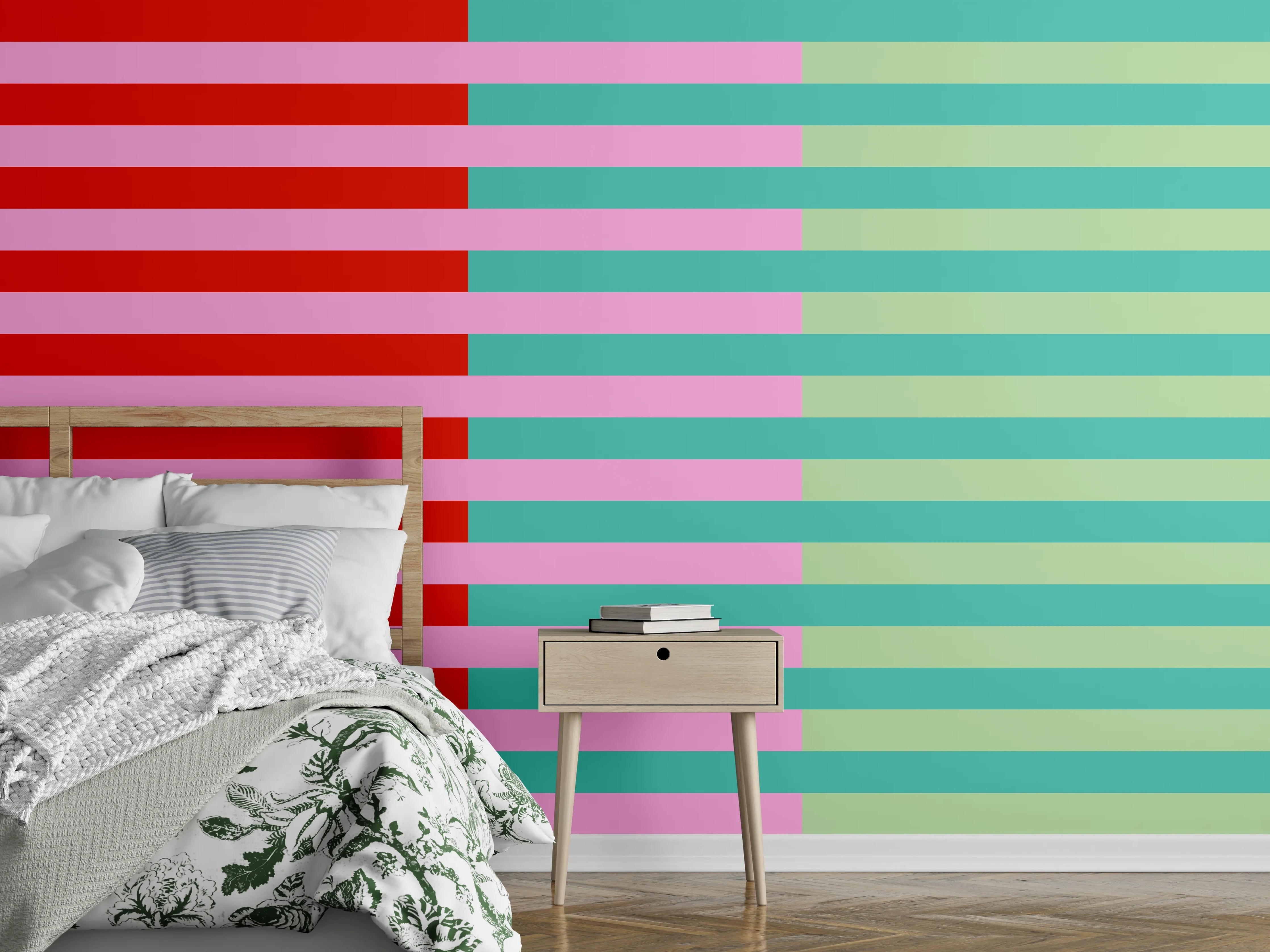 Wandverkleidung Schlafzimmer - Streifenmuster Modern Türkis Rot Rosa