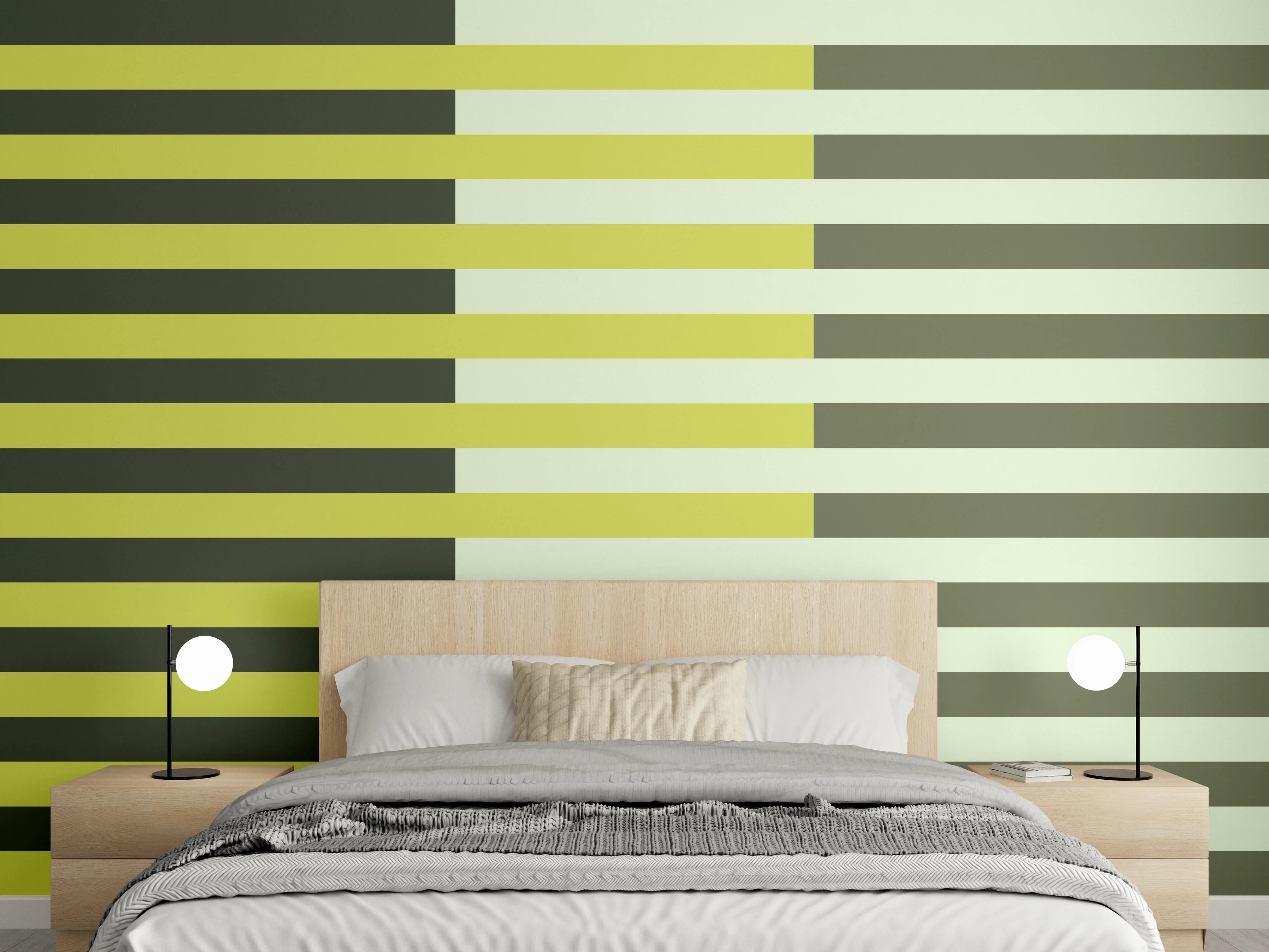 Wandverkleidung Schlafzimmer - Streifenmuster Retro Gelb-Oliv Abstrakt