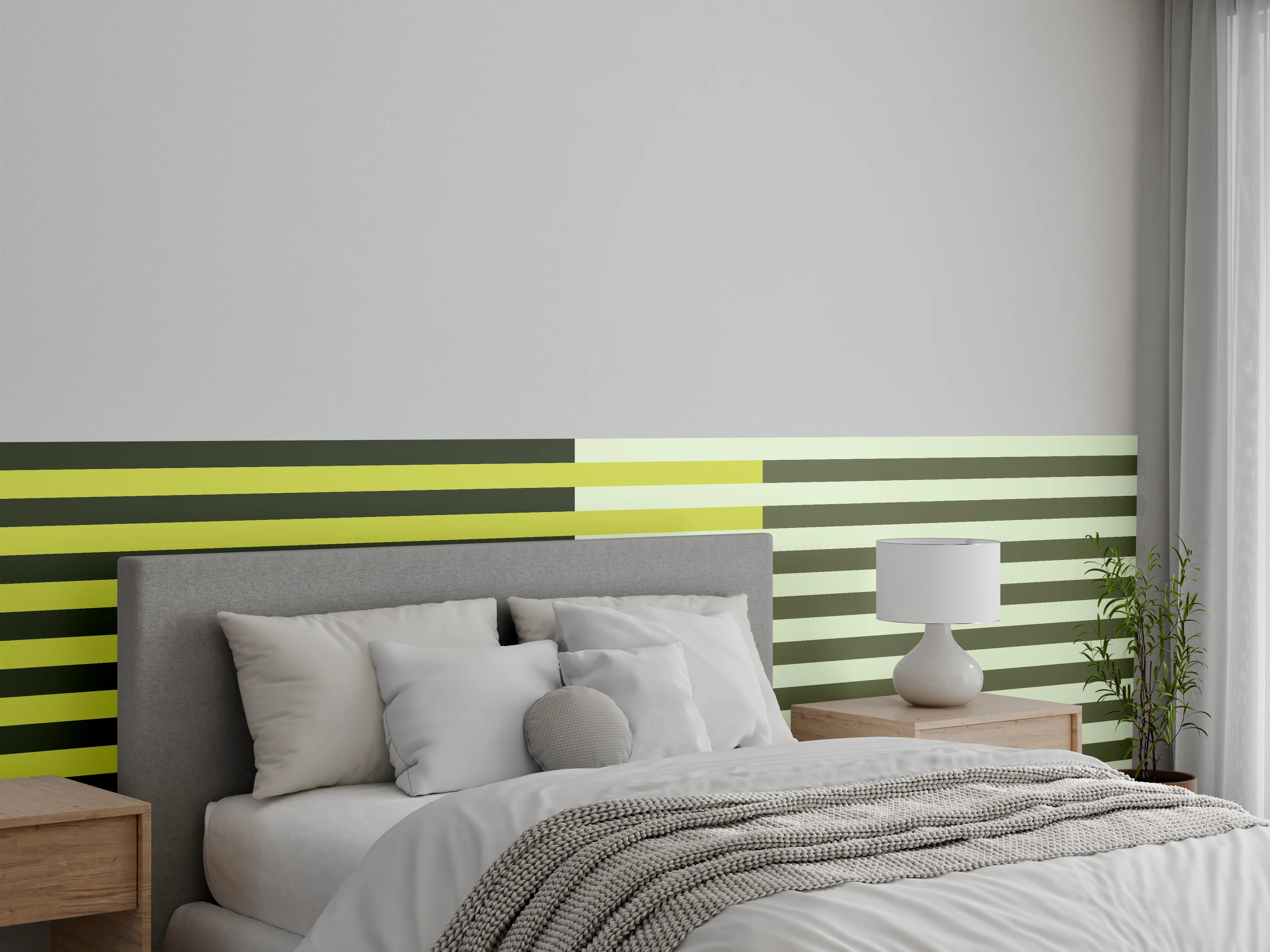 Wandverkleidung Schlafzimmer - Streifenmuster Retro Gelb-Oliv Abstrakt