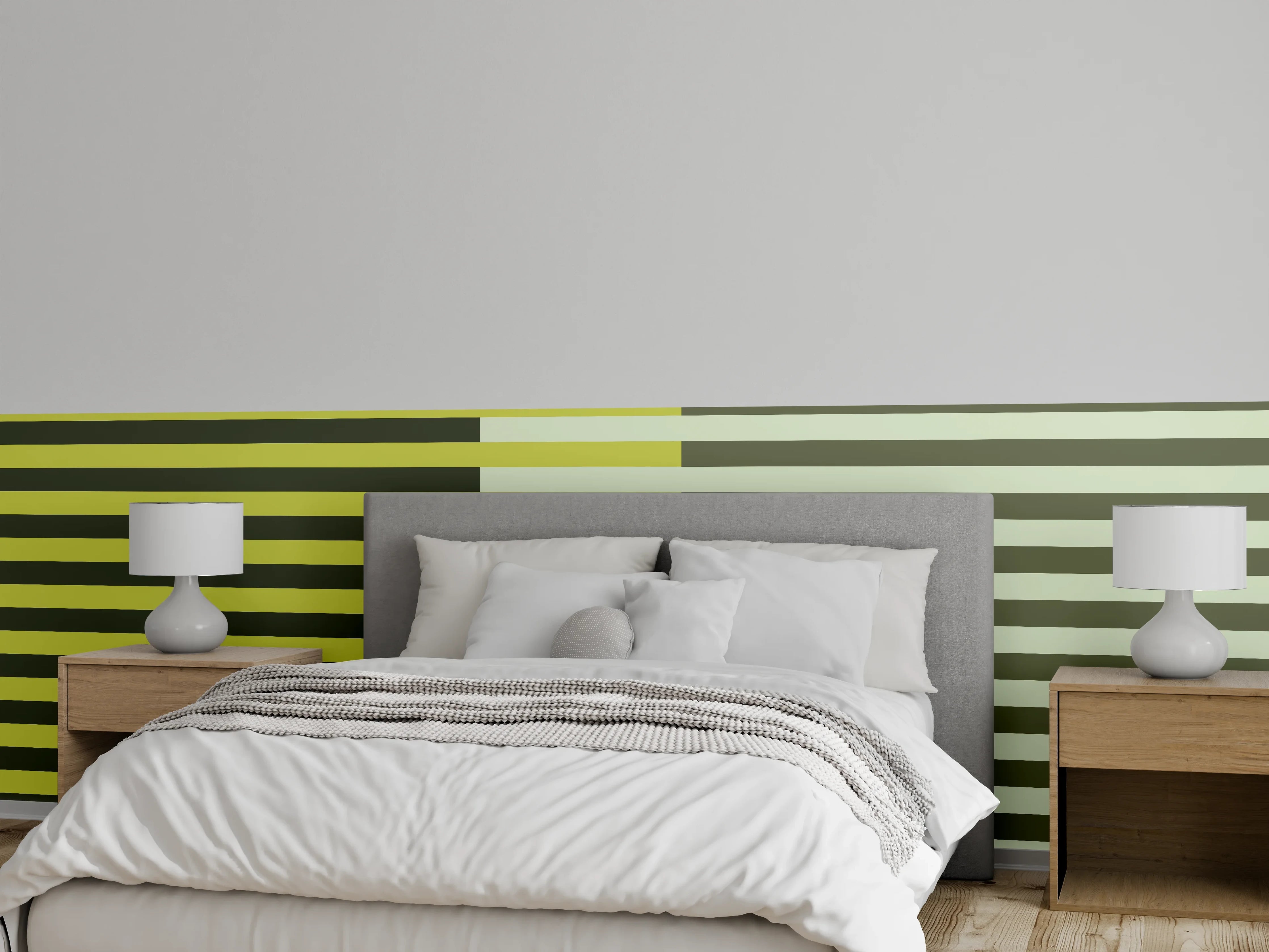 Wandverkleidung Schlafzimmer - Streifenmuster Retro Gelb-Oliv Abstrakt