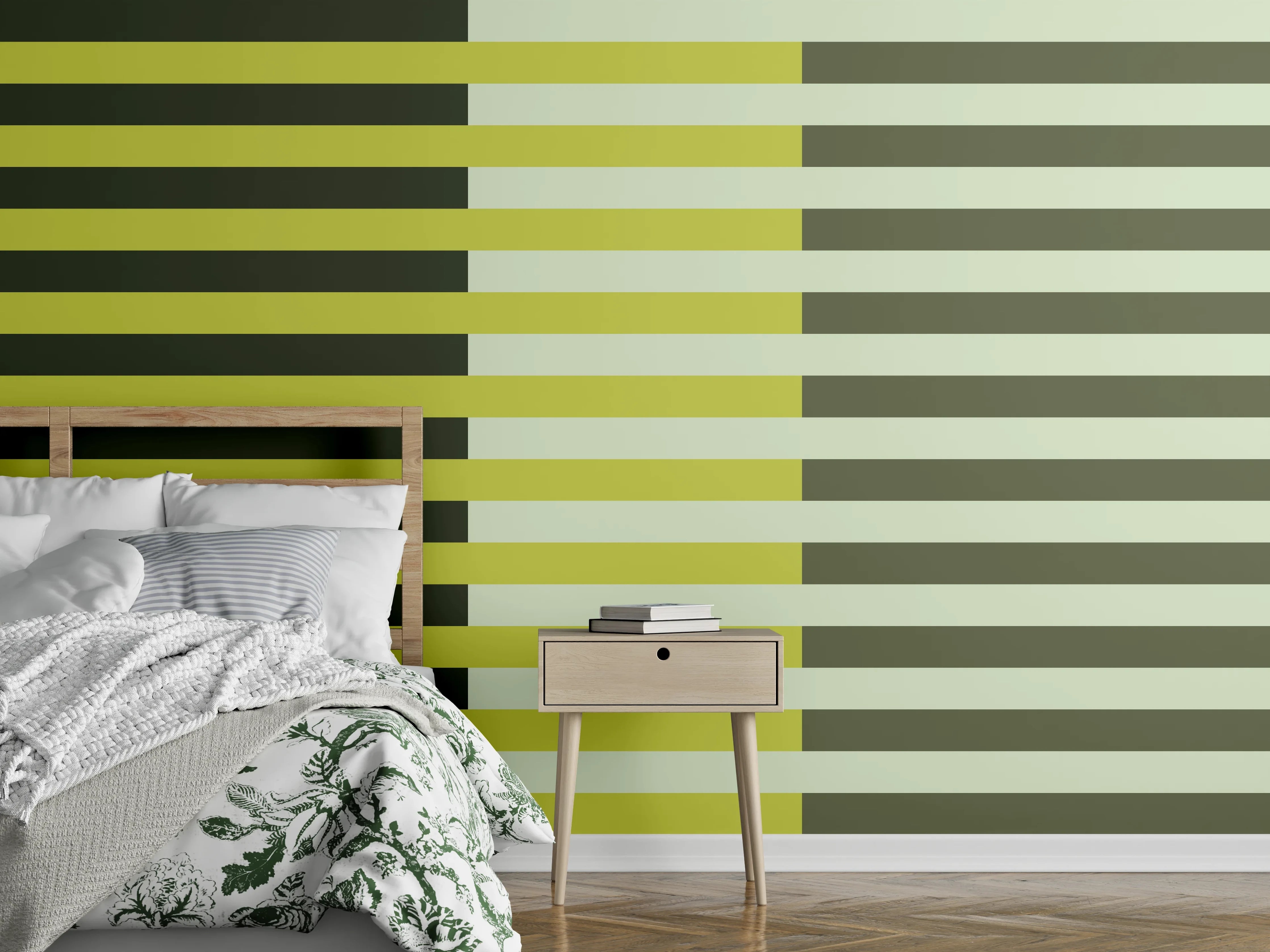 Wandverkleidung Schlafzimmer - Streifenmuster Retro Gelb-Oliv Abstrakt