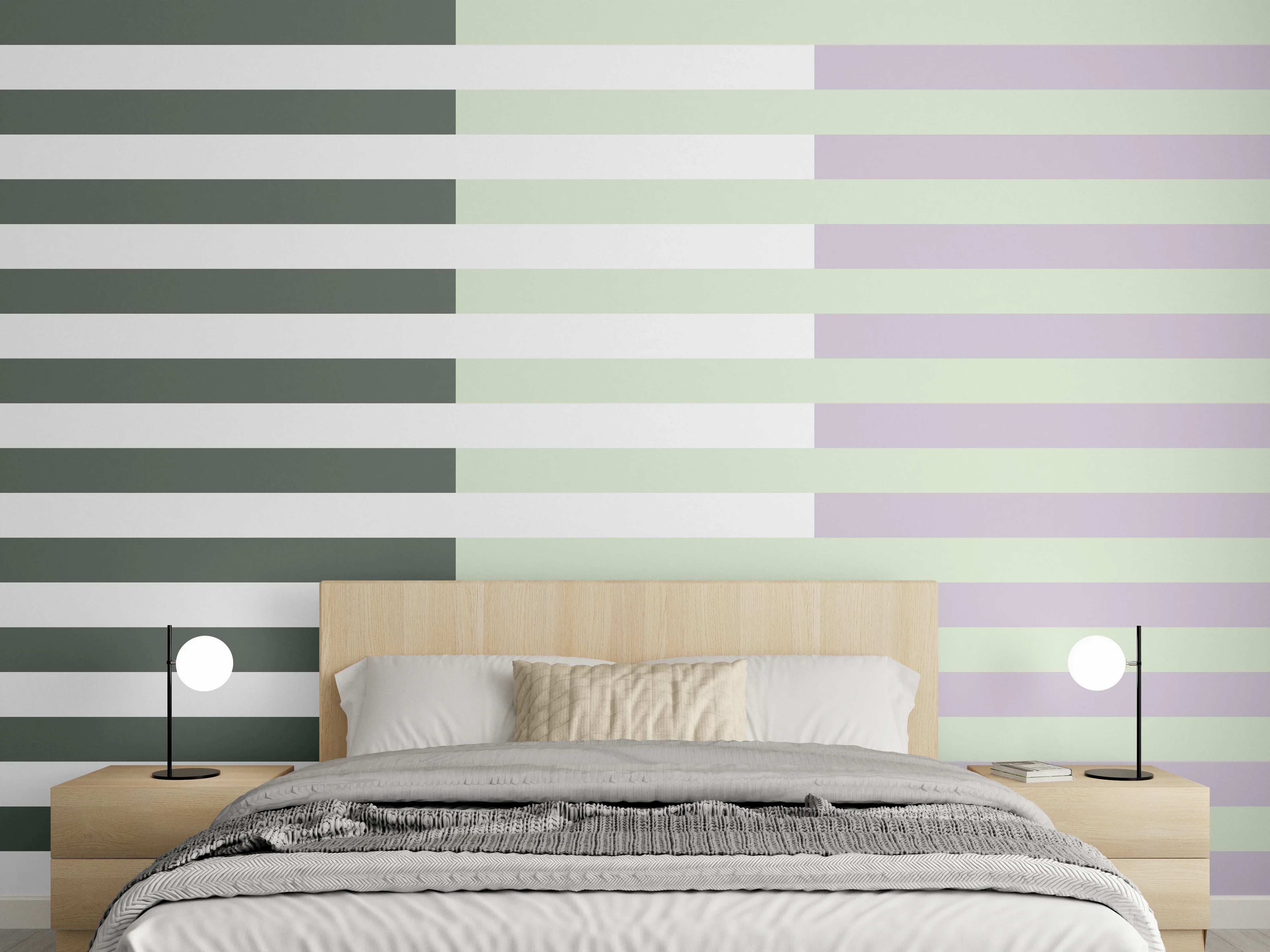 Wandverkleidung Schlafzimmer - Streifenmuster in Weiß, Grau und Pastell