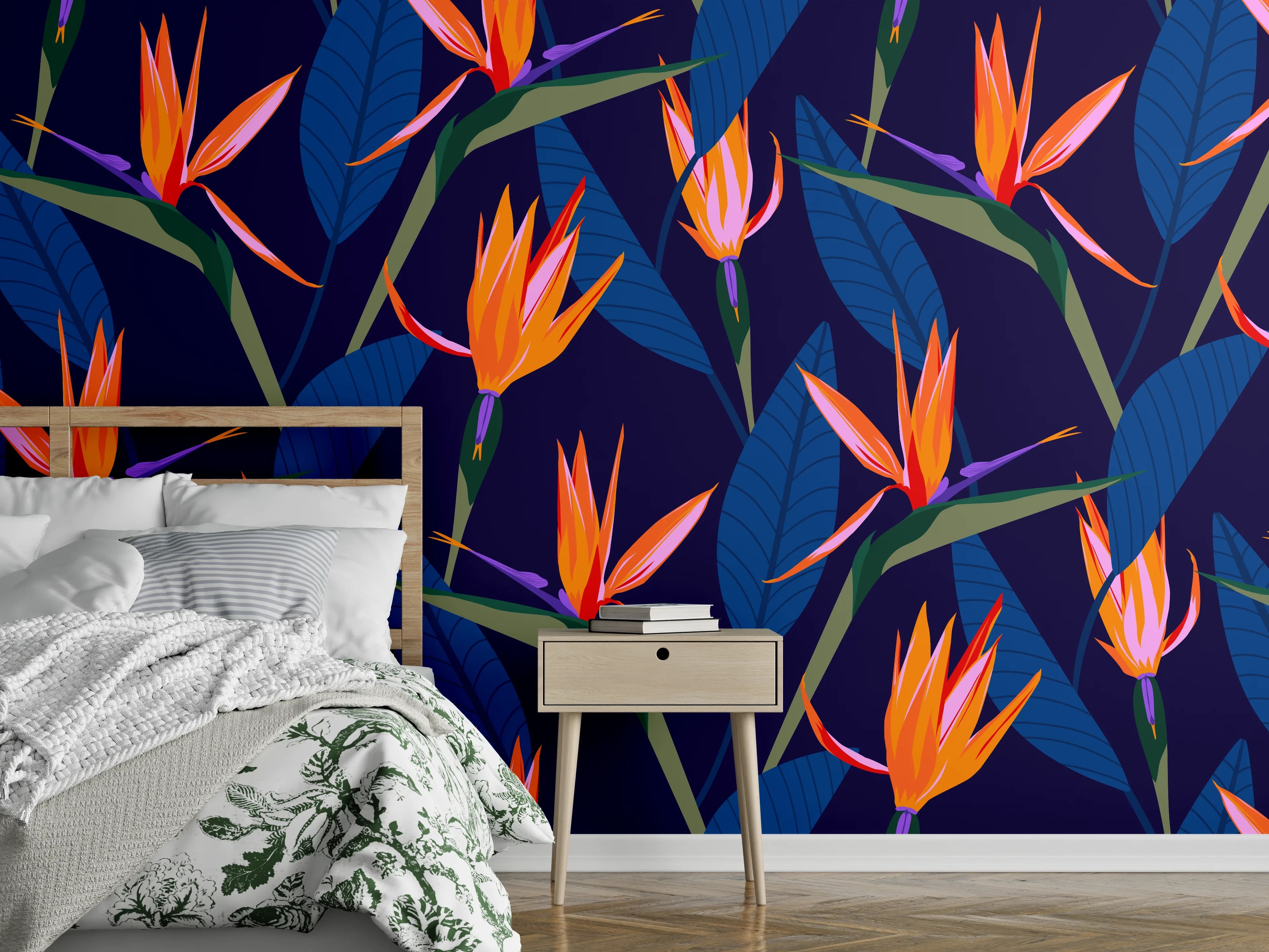 Wandverkleidung Schlafzimmer - Strelitzia Nacht – Tropische Blumen