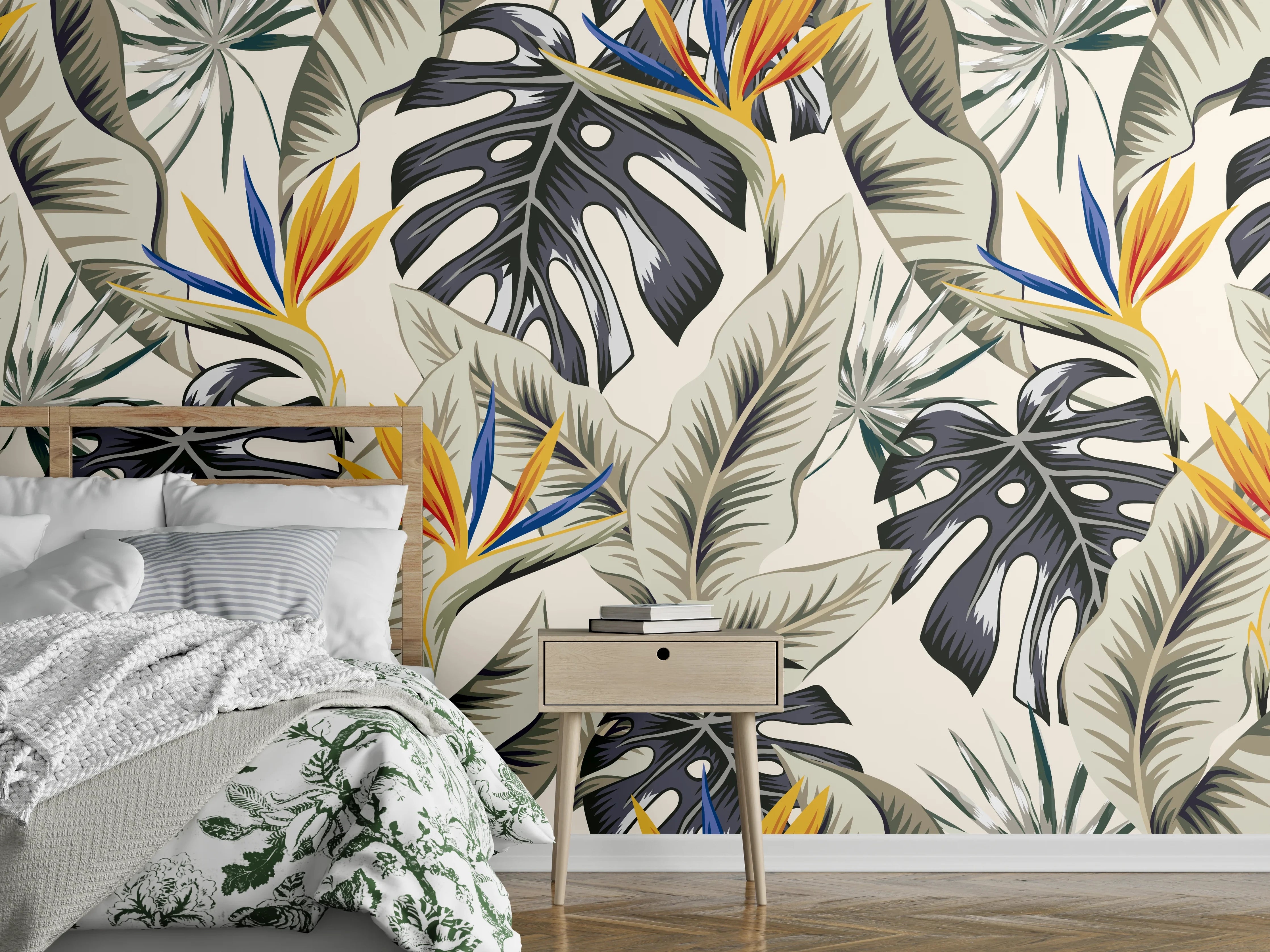Wandverkleidung Schlafzimmer - Strelitzia Tropenblätter Beige-Orange