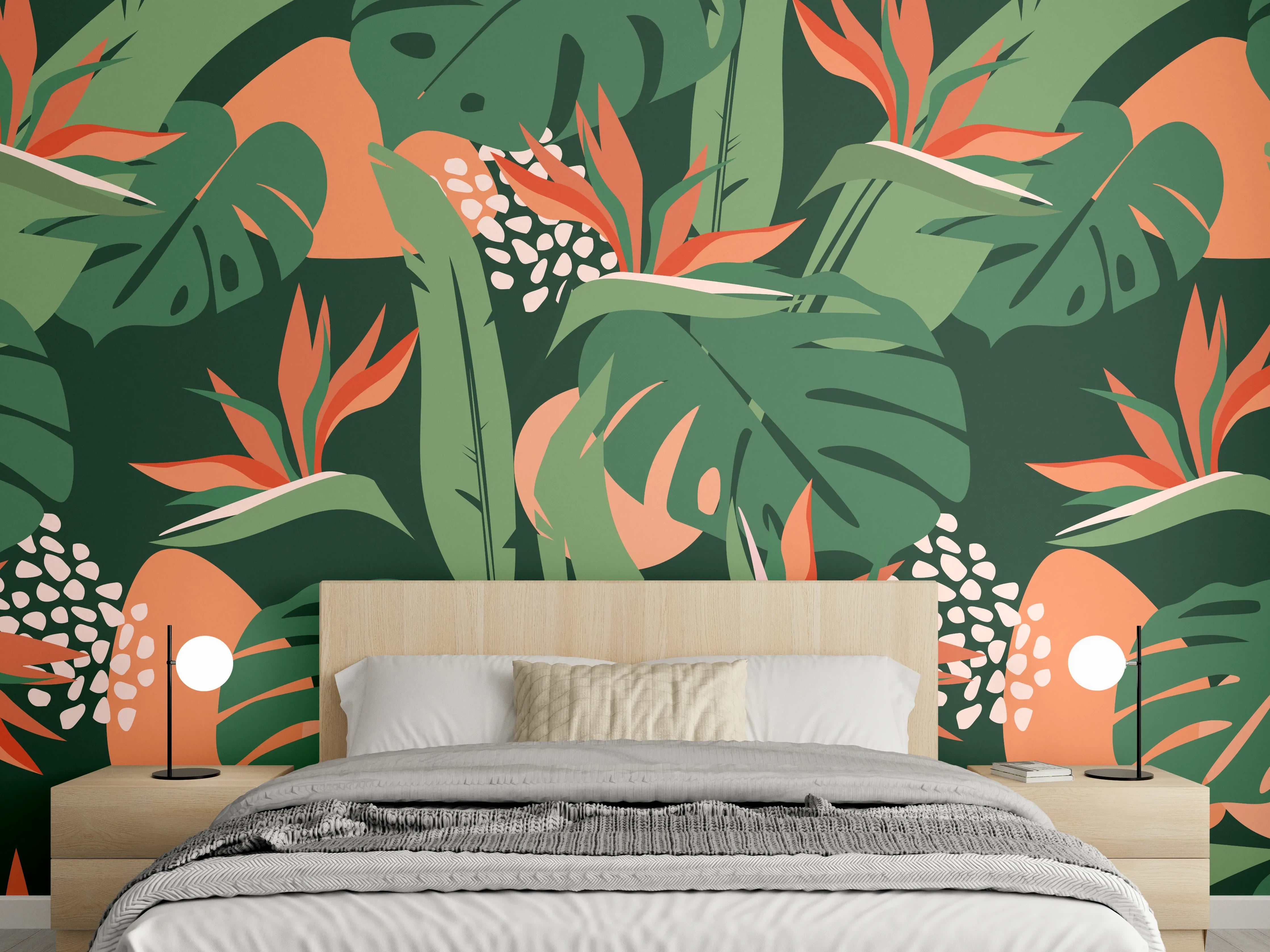 Wandverkleidung Schlafzimmer - Strelitzia Tropenblatt Grün-Orange