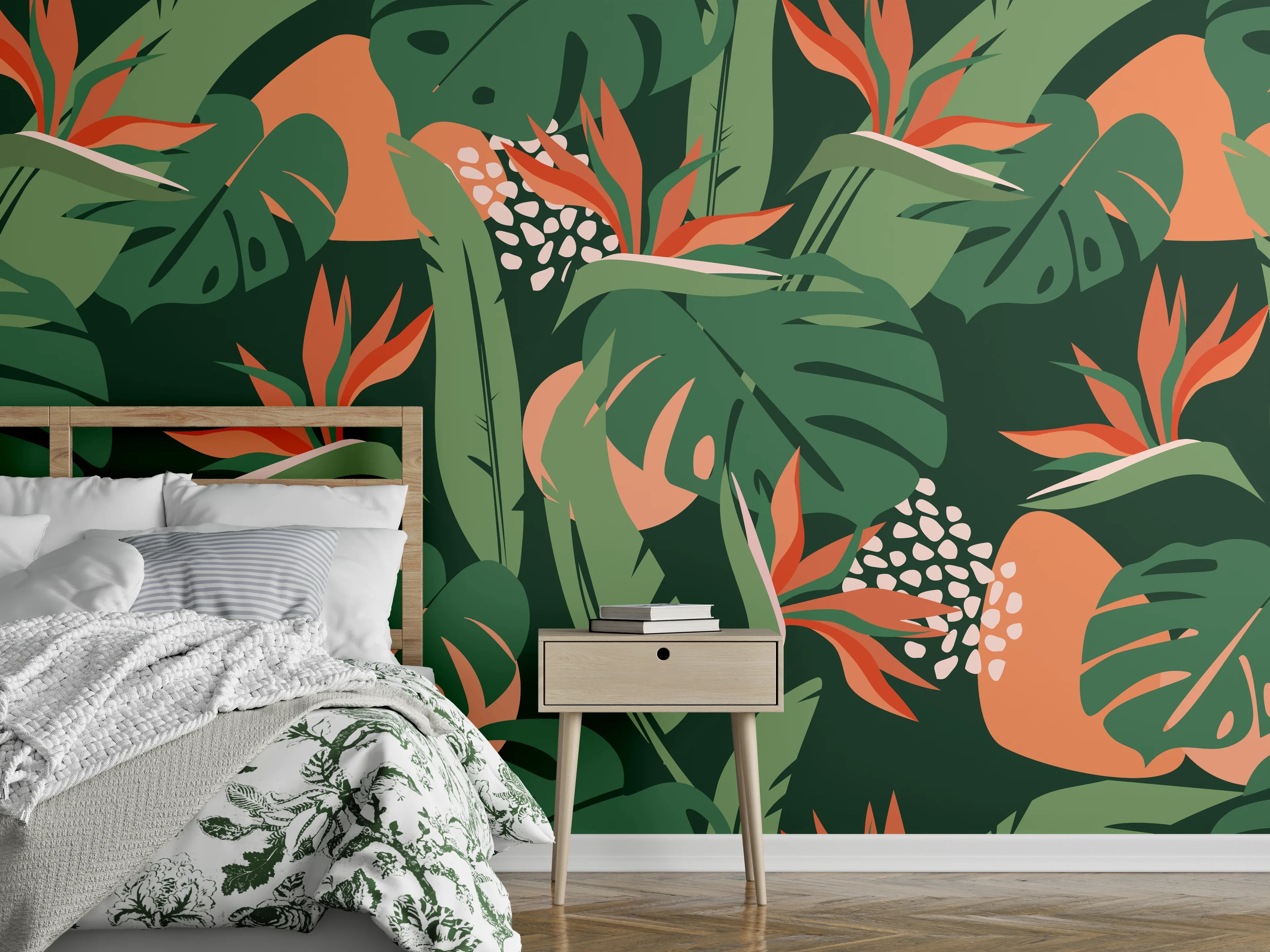 Wandverkleidung Schlafzimmer - Strelitzia Tropenblatt Grün-Orange