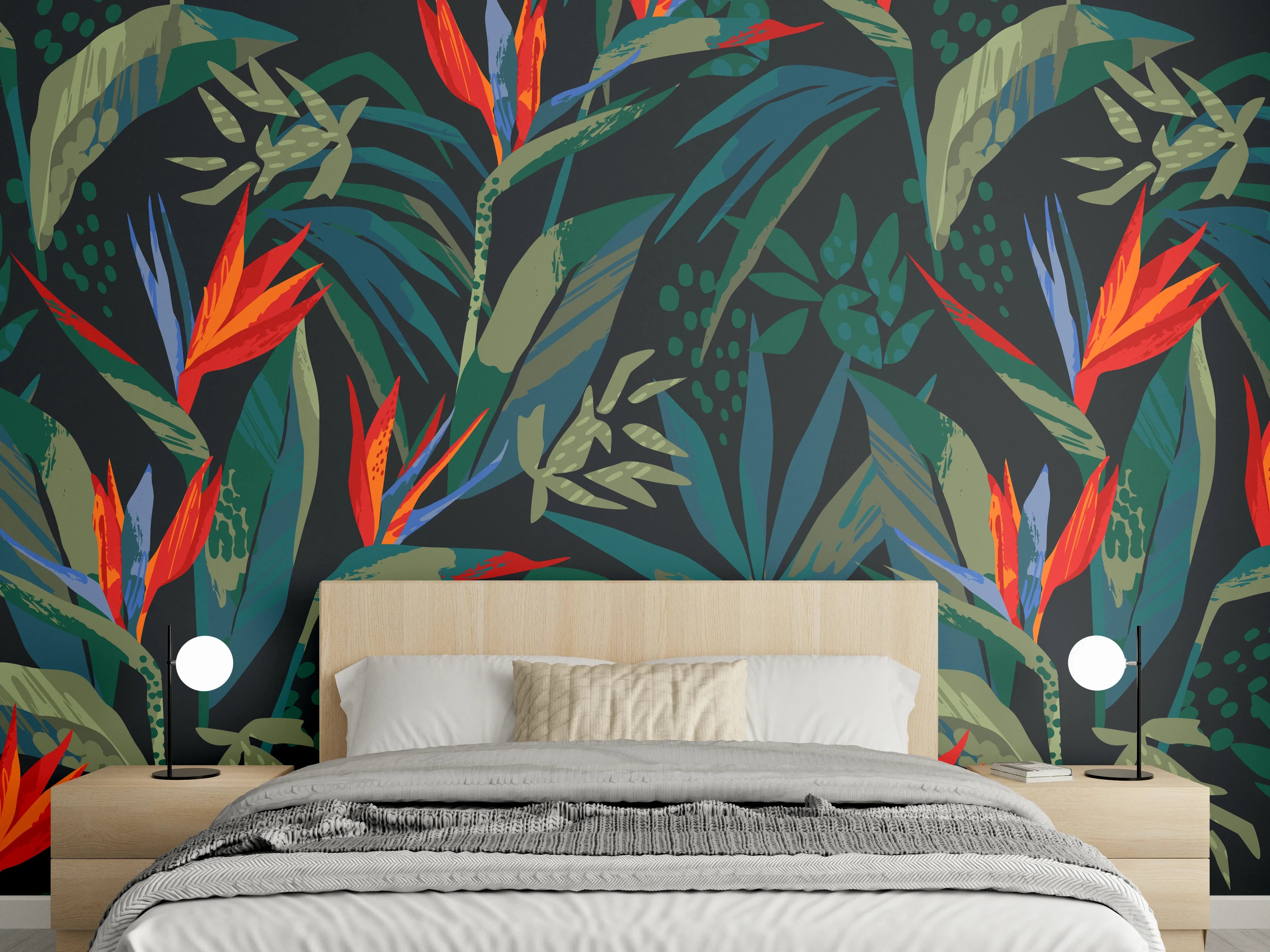 Wandverkleidung Schlafzimmer - Strelitzia Tropenwald-Motiv