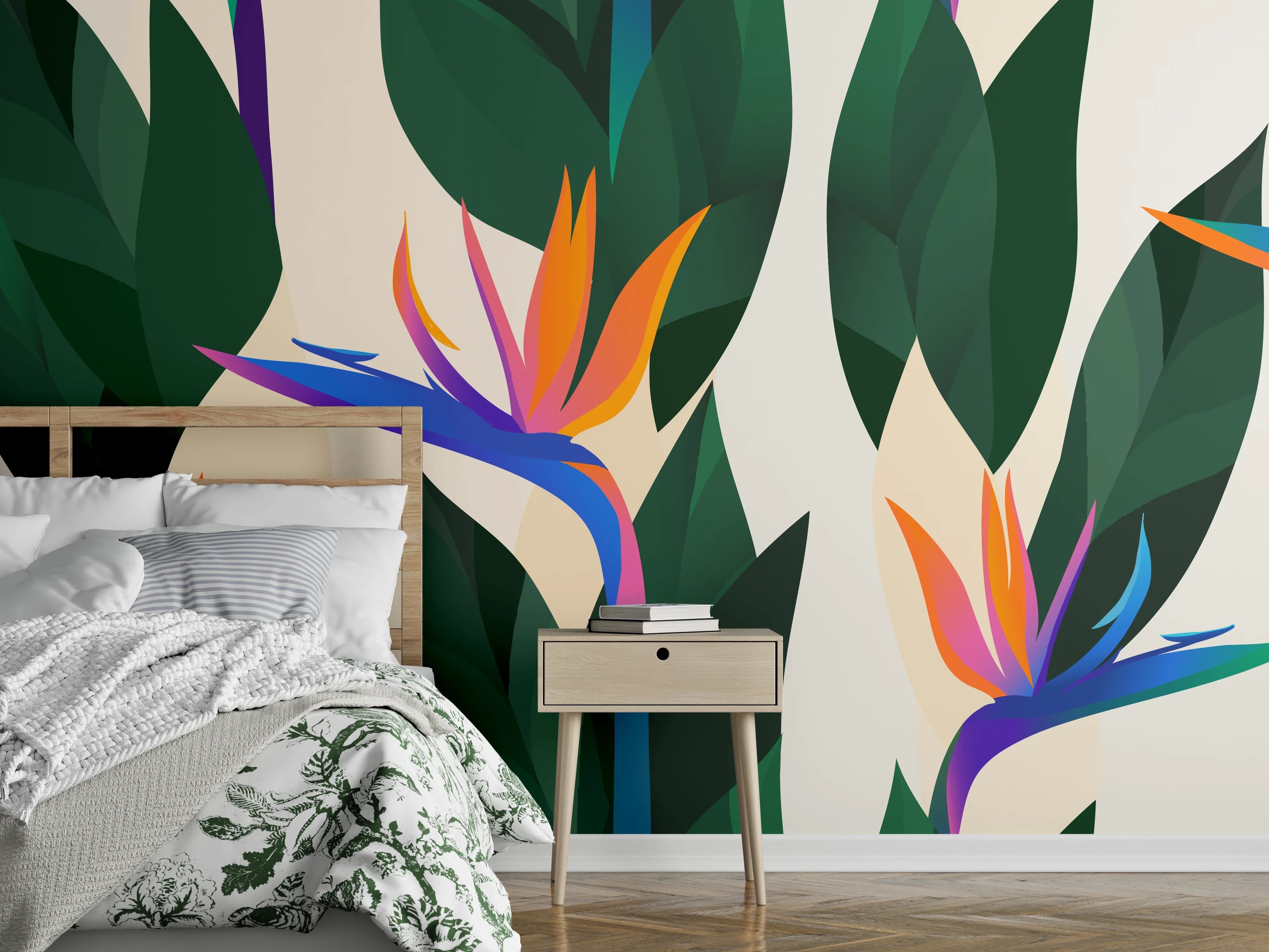 Wandverkleidung Schlafzimmer - Strelitzia Tropic Blumenmuster