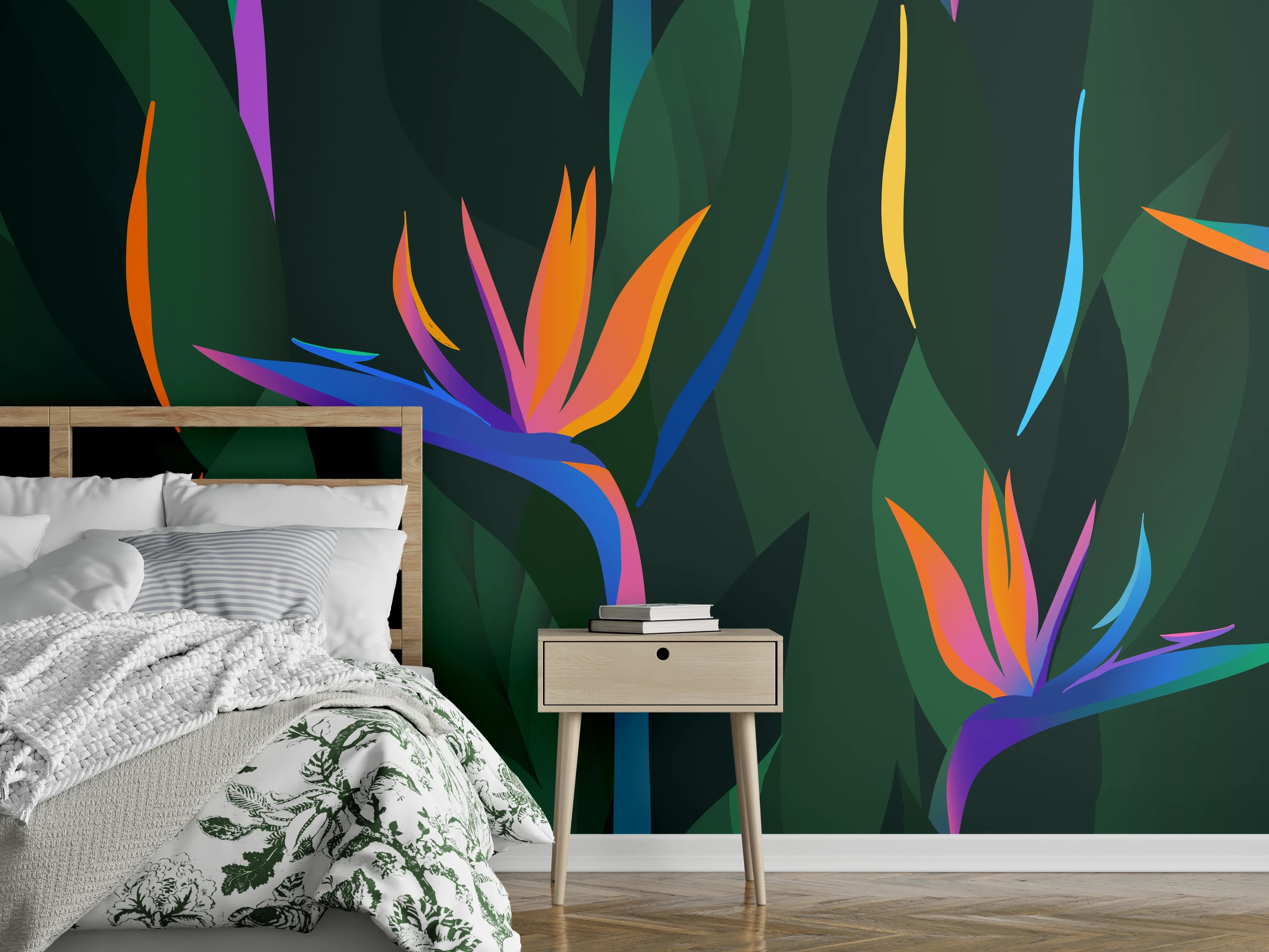 Wandverkleidung Schlafzimmer - Strelitzia Tropic Grün-Orange