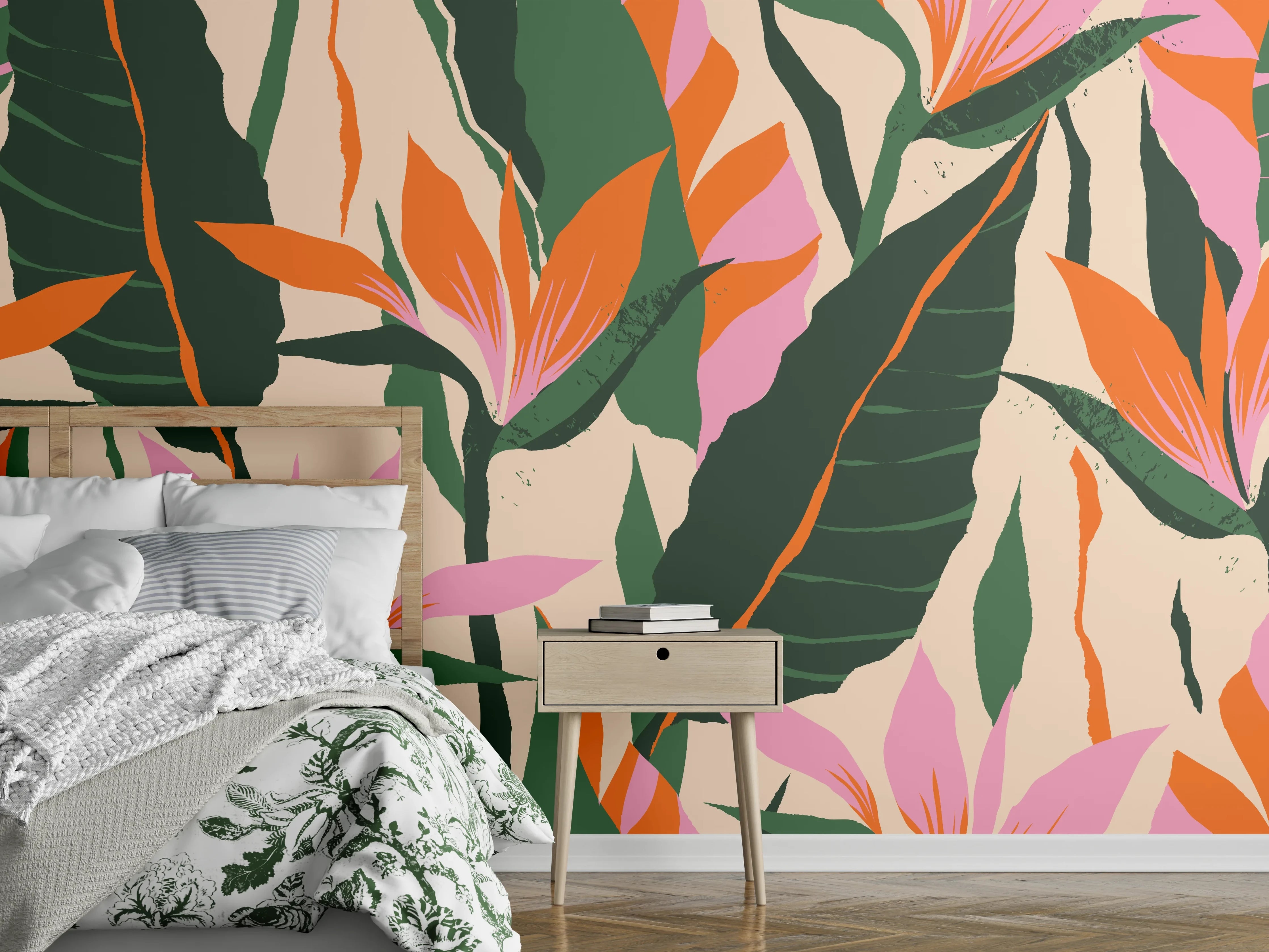 Wandverkleidung Schlafzimmer - Strelitzia Tropische Blütenornamente