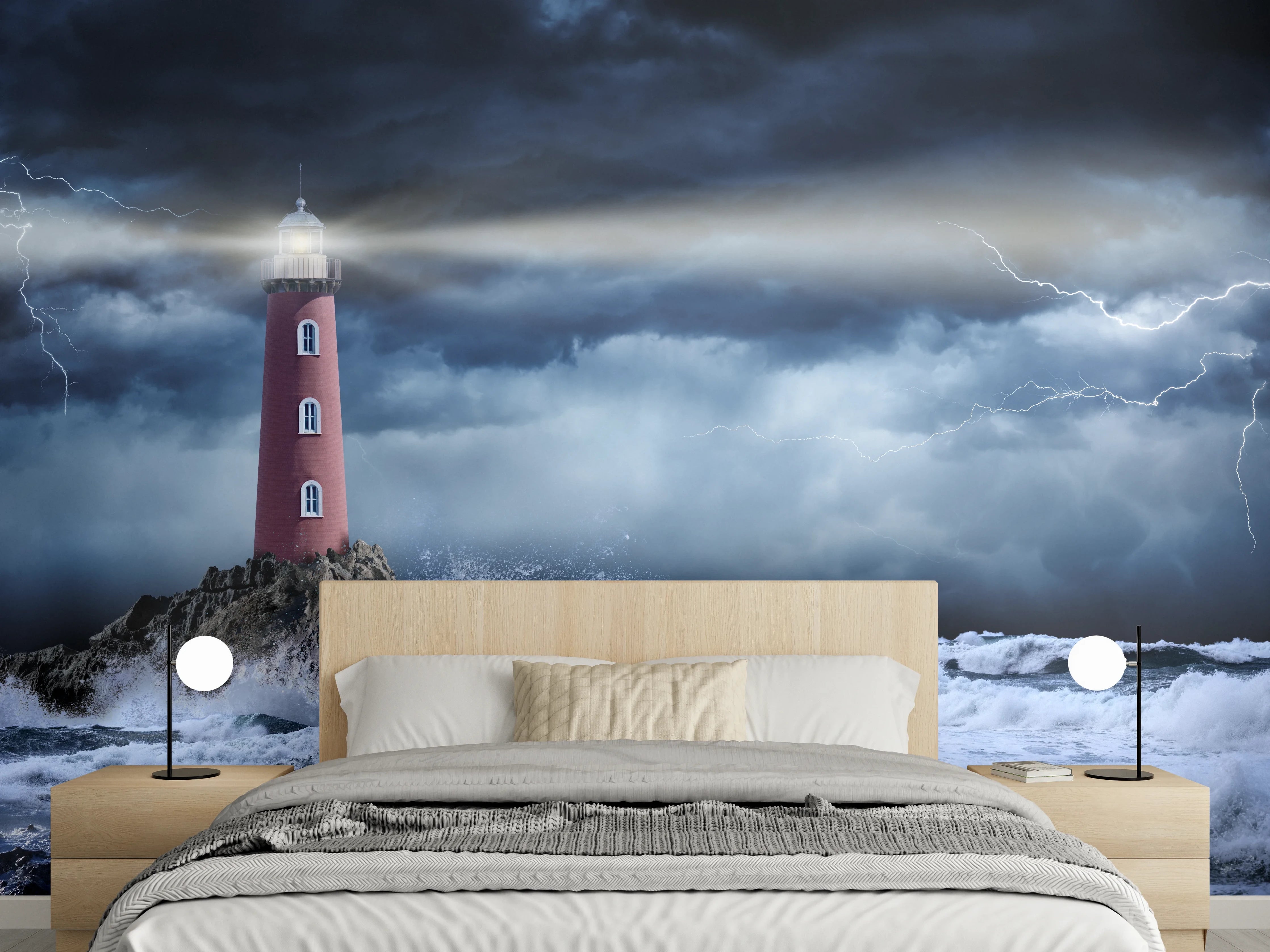 Wandverkleidung Schlafzimmer - Sturm am Leuchtturm – Naturgewalt Kunst