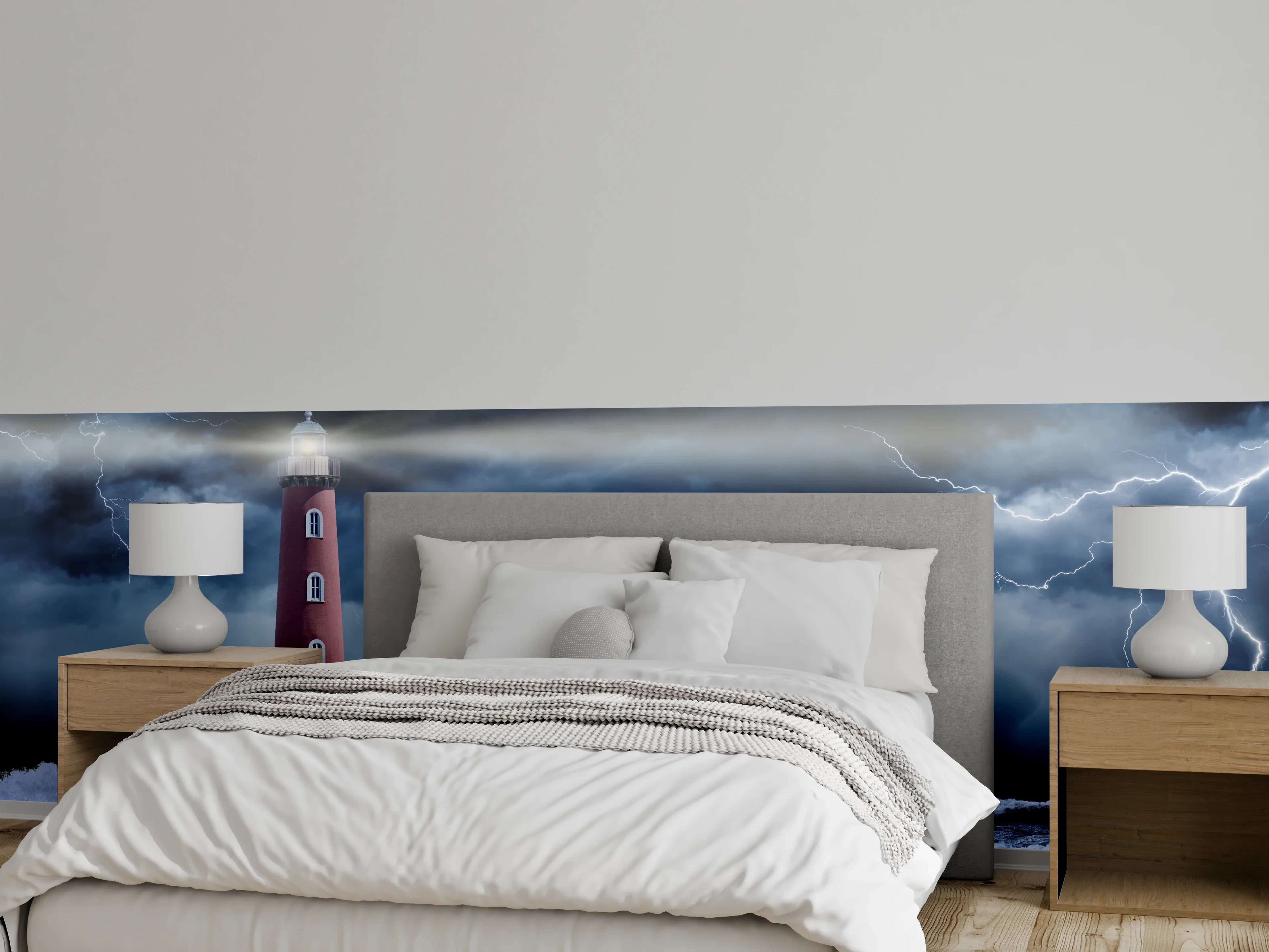 Wandverkleidung Schlafzimmer - Sturm am Leuchtturm – Naturgewalt Kunst