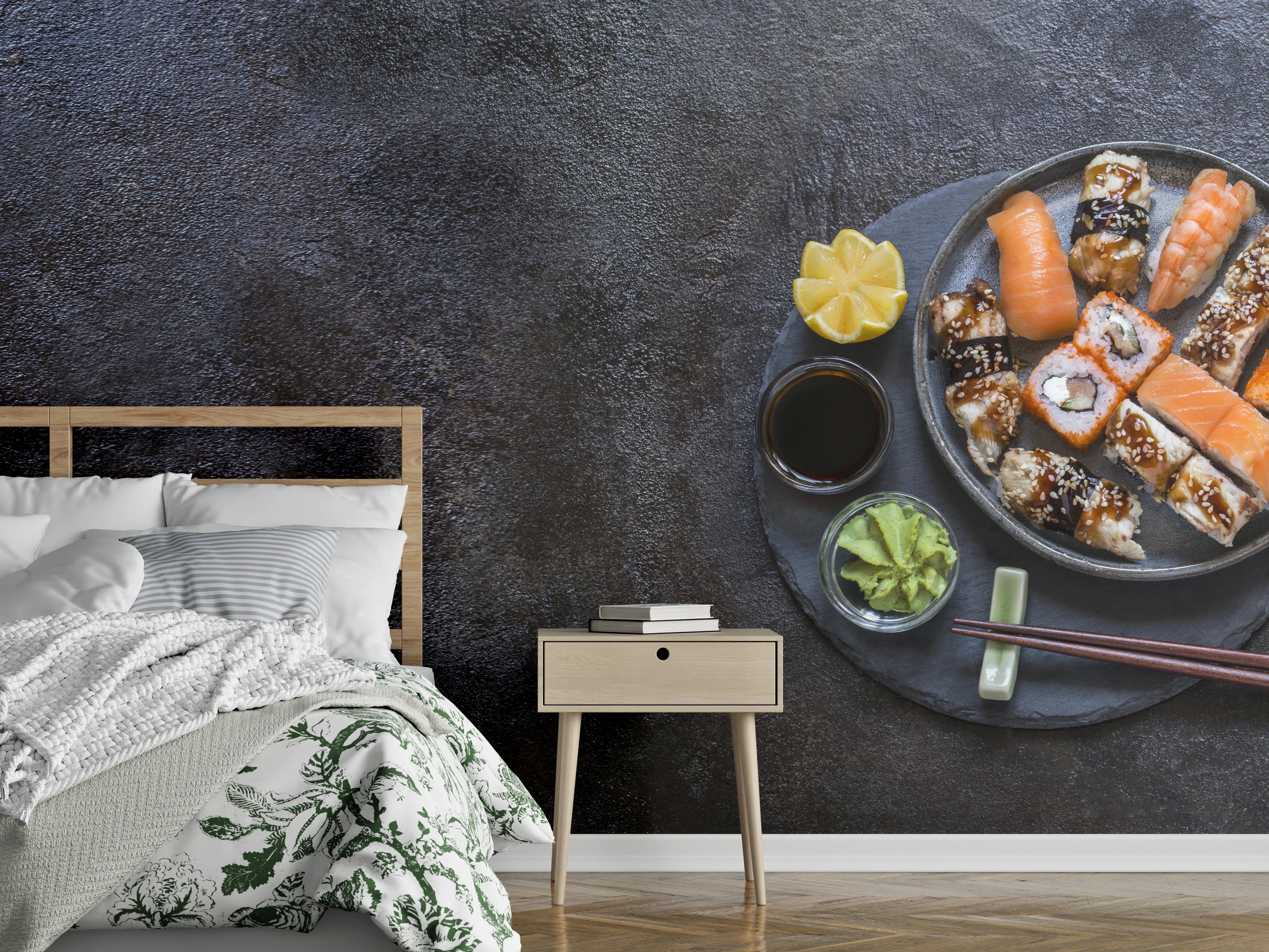 Wandverkleidung Schlafzimmer - Sushi-Platte Schwarz-Orange