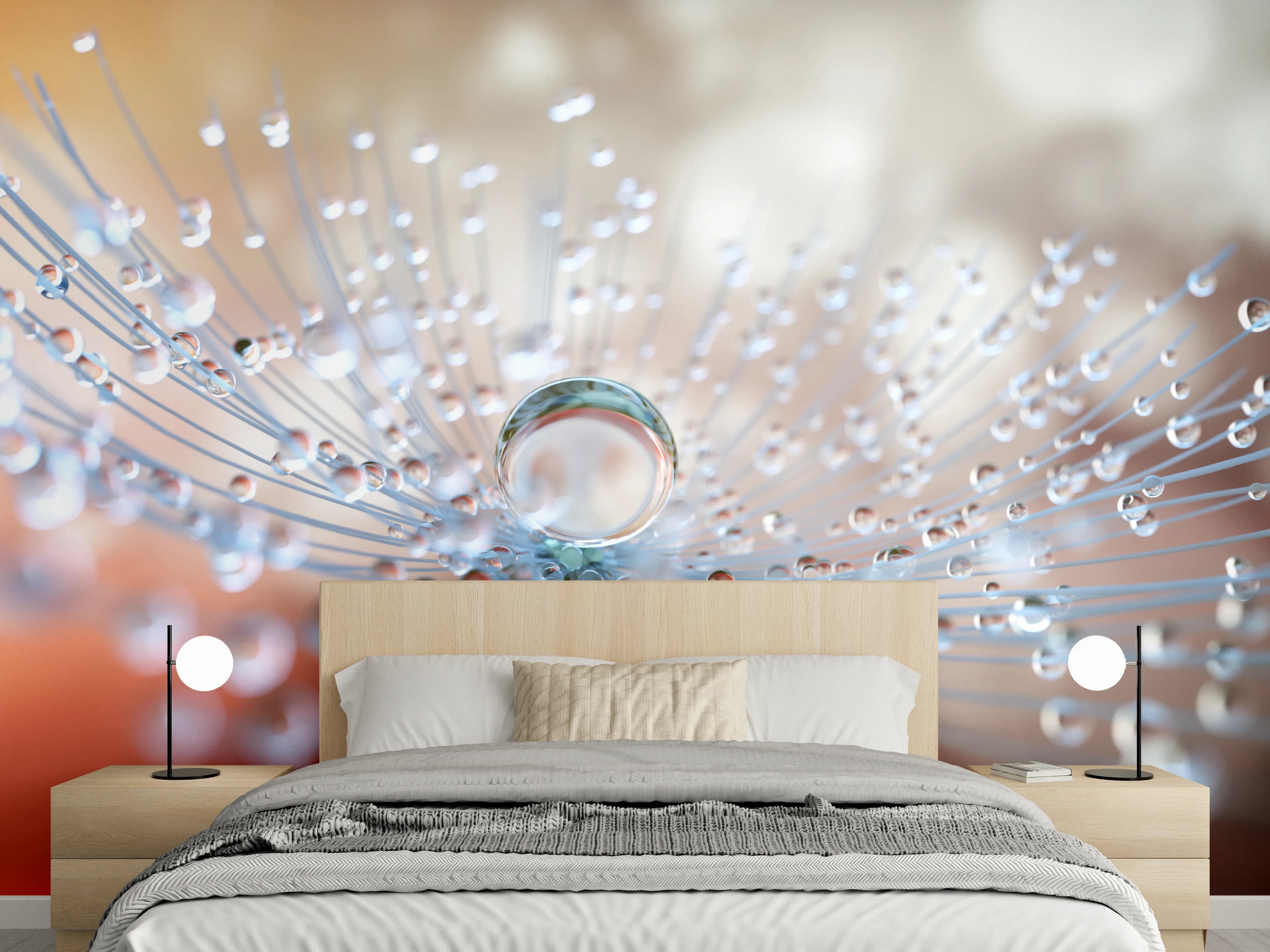 Wandverkleidung Schlafzimmer - Tautropfenschimmer auf grauer Pusteblume
