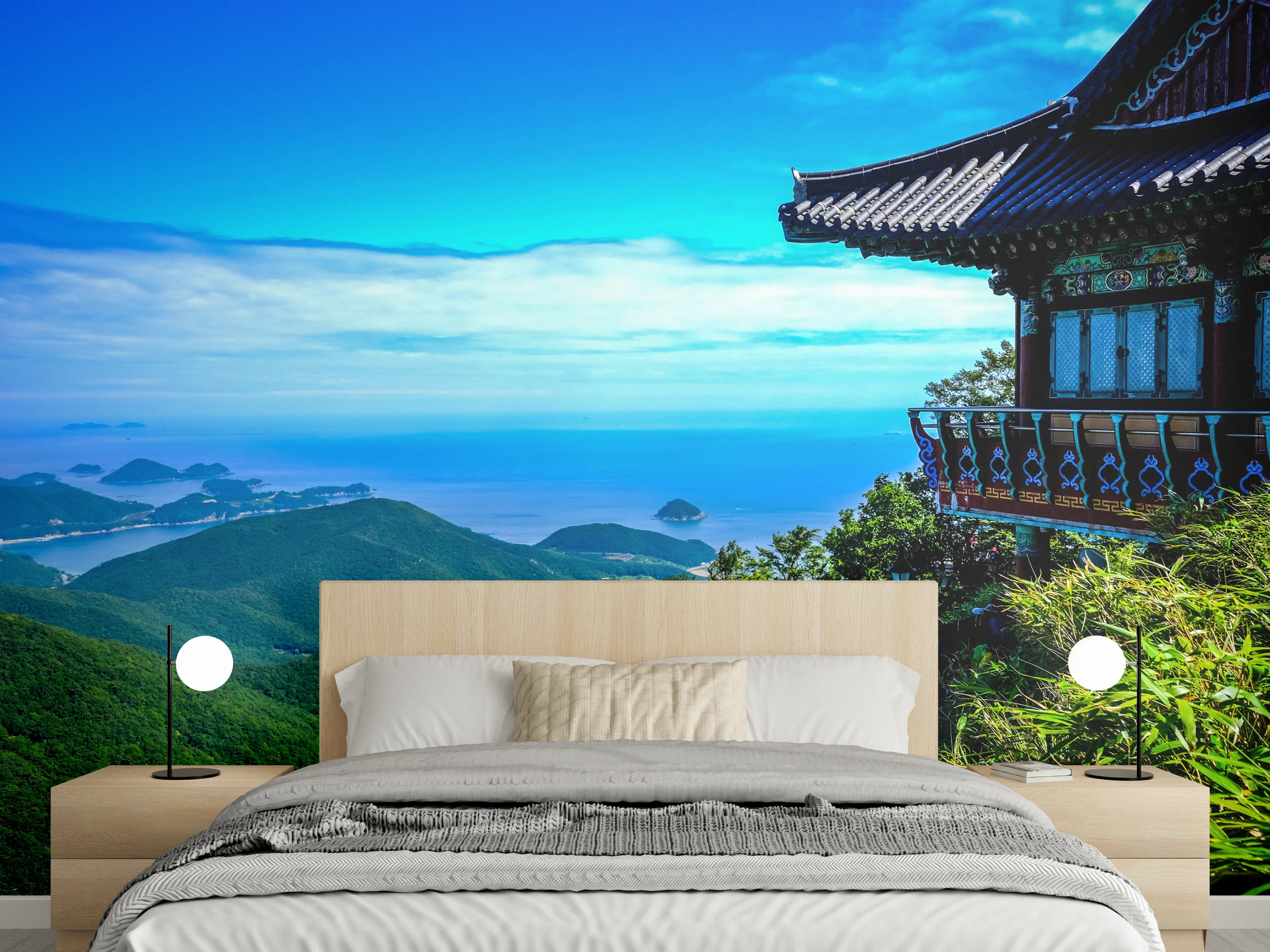 Wandverkleidung Schlafzimmer - Tempelblick über grüne Berge und Meer