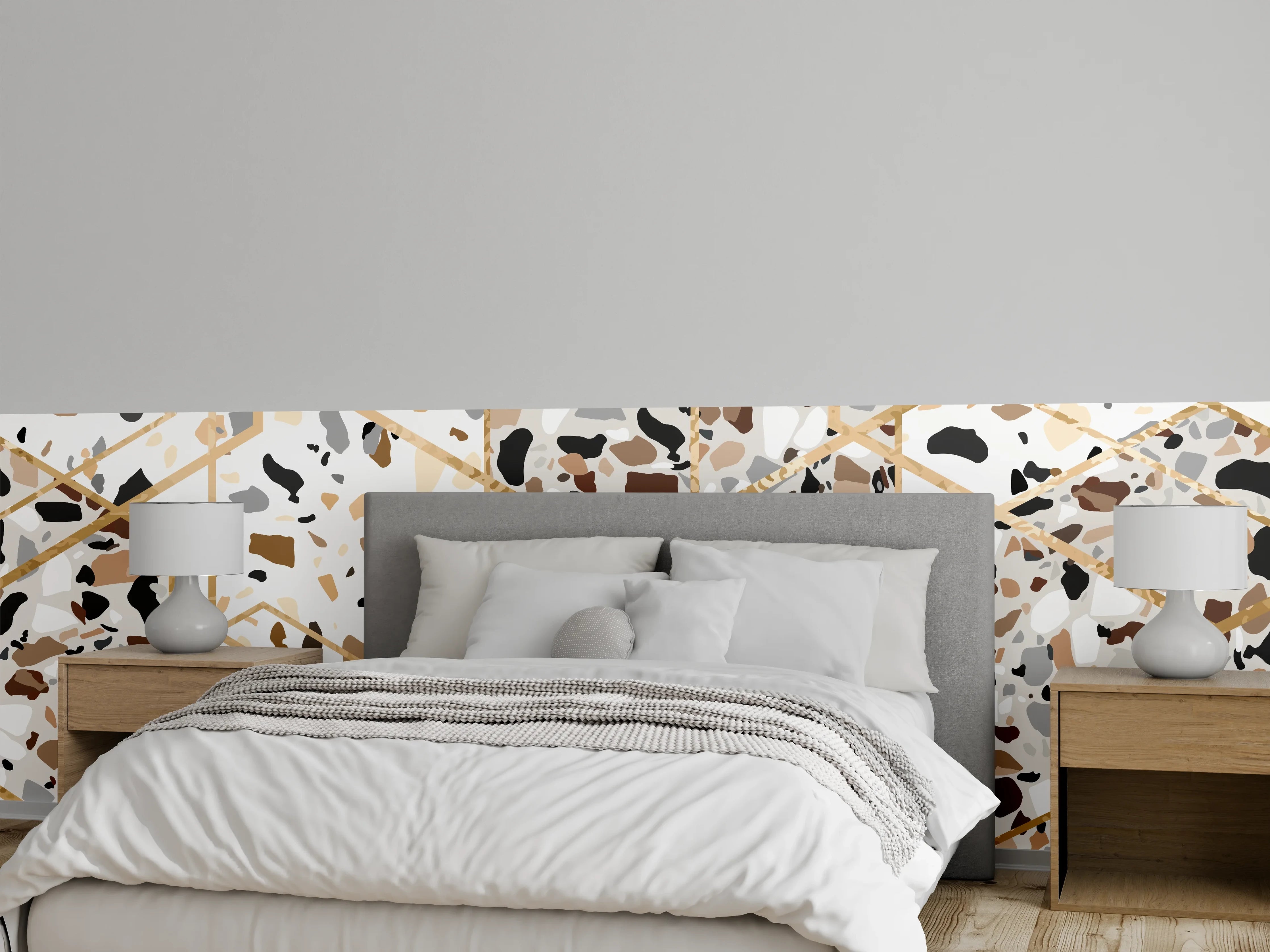 Wandverkleidung Schlafzimmer - Terrazzo-Muster mit goldenen Hexagonen